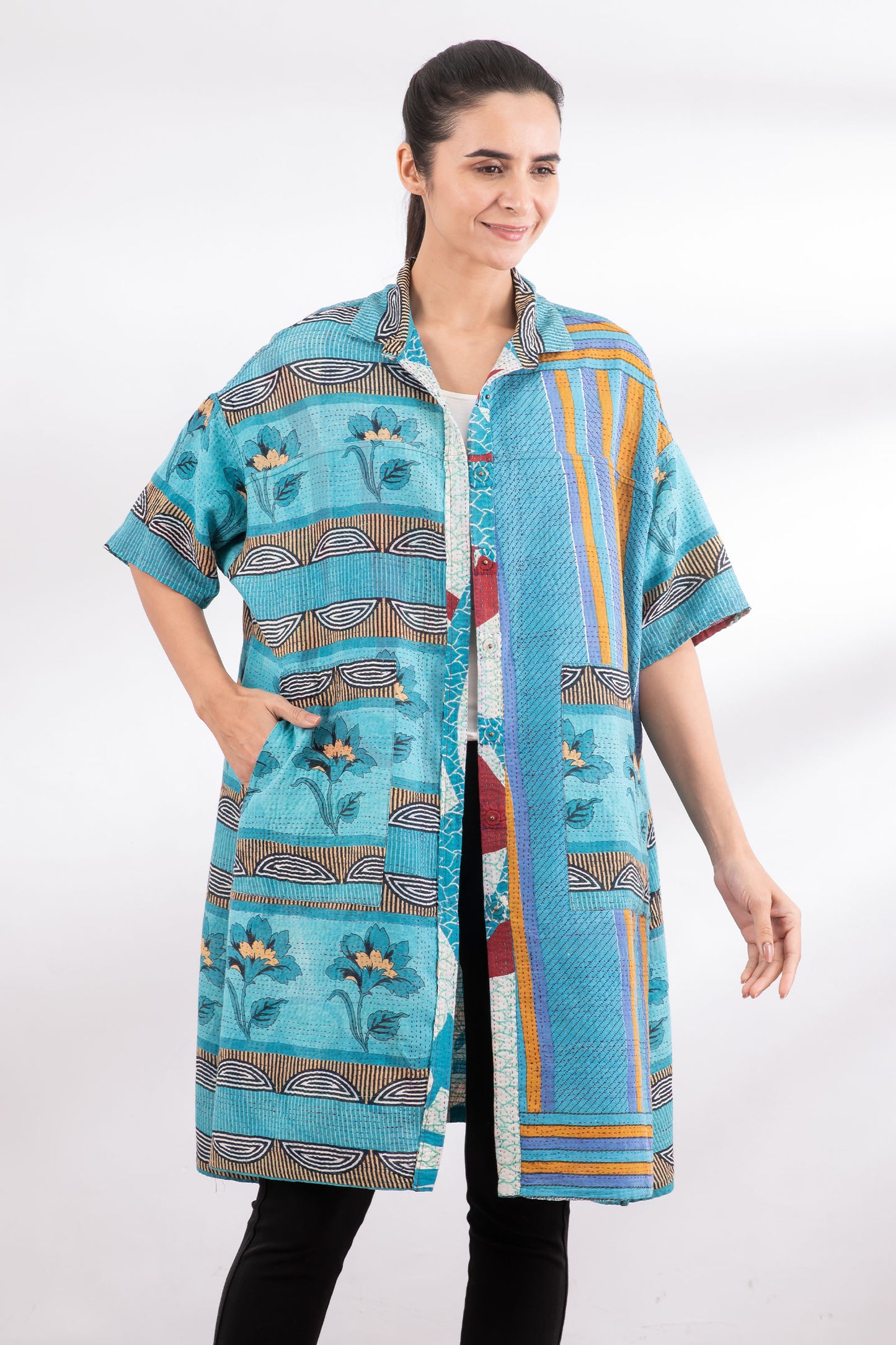 VINTAGE COTTON KANTHA HALF SLV. SHIRT DRESS