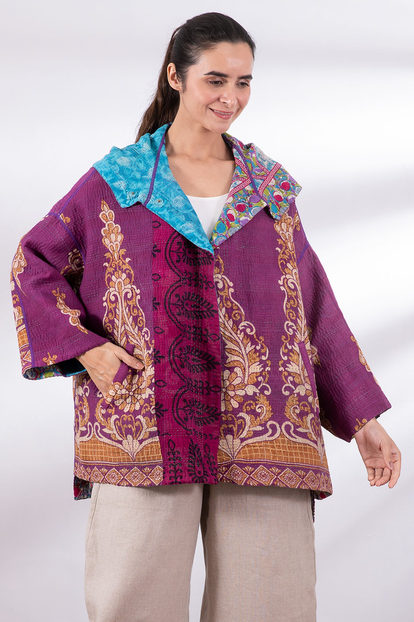 VINTAGE COTTON KANTHA HOODIE PONCHO