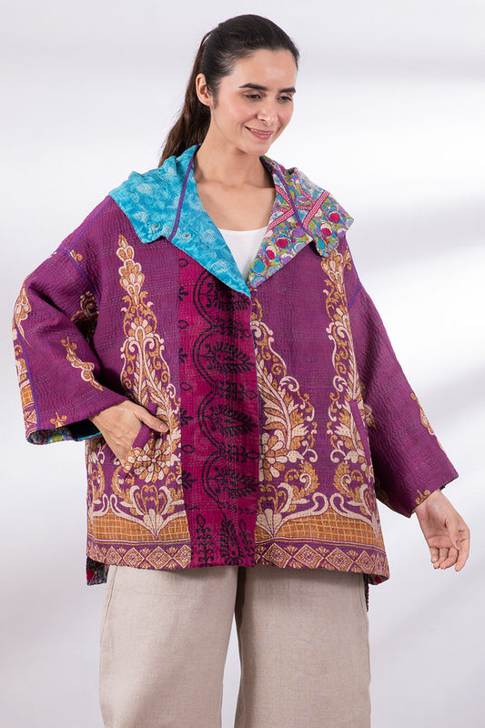 VINTAGE COTTON KANTHA HOODIE PONCHO