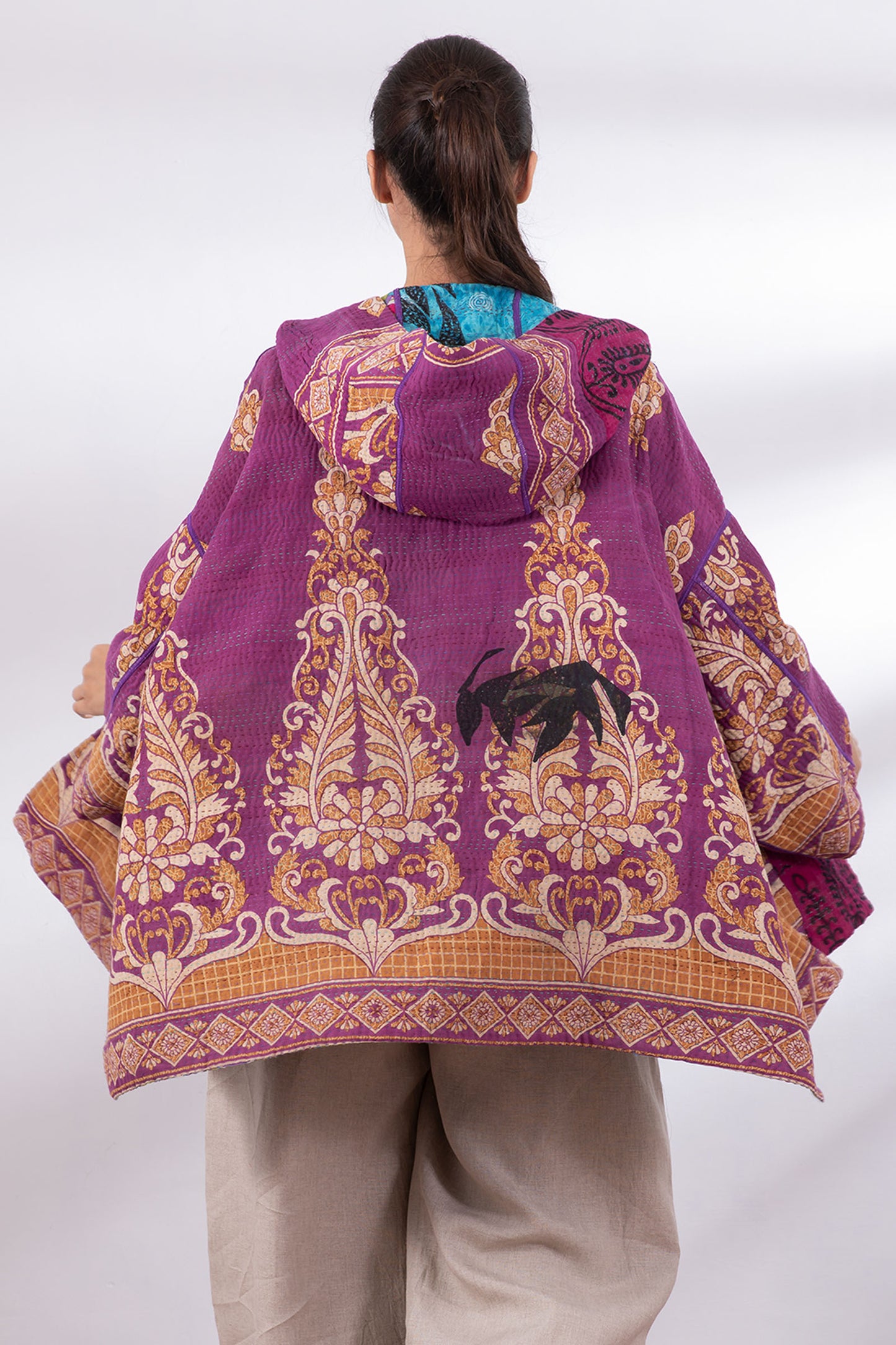 VINTAGE COTTON KANTHA HOODIE PONCHO