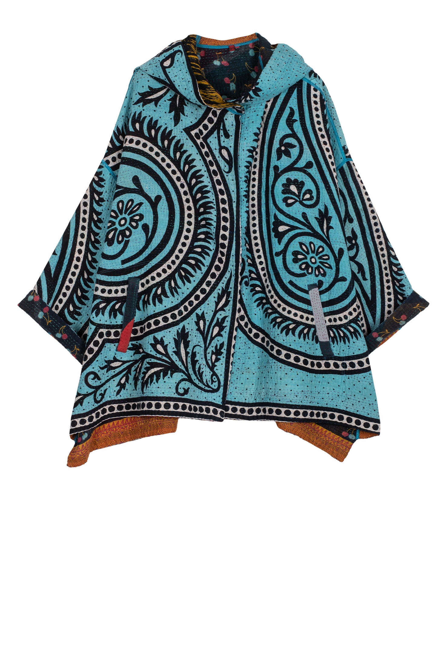 VINTAGE COTTON KANTHA HOODIE PONCHO