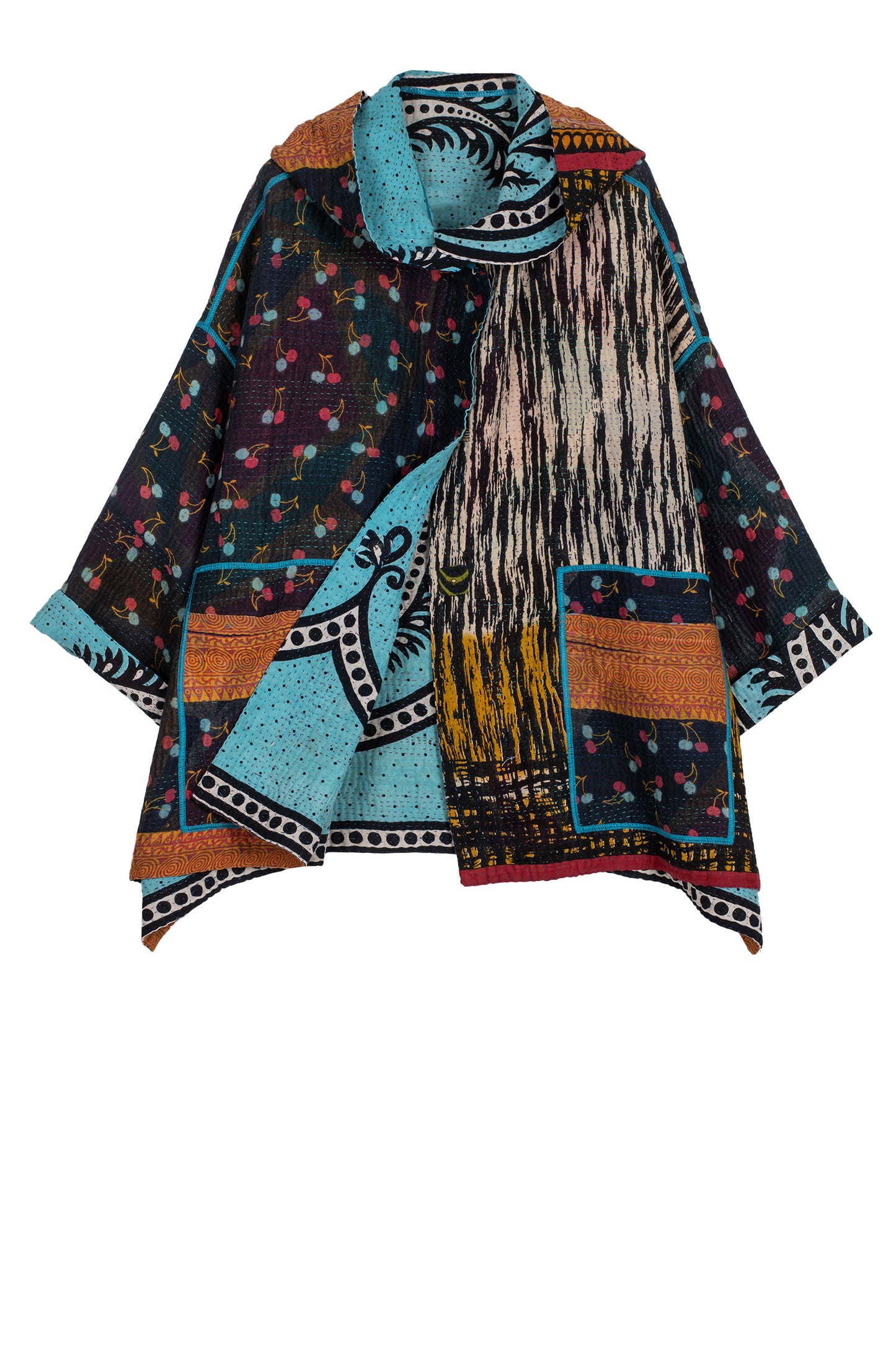 VINTAGE COTTON KANTHA HOODIE PONCHO