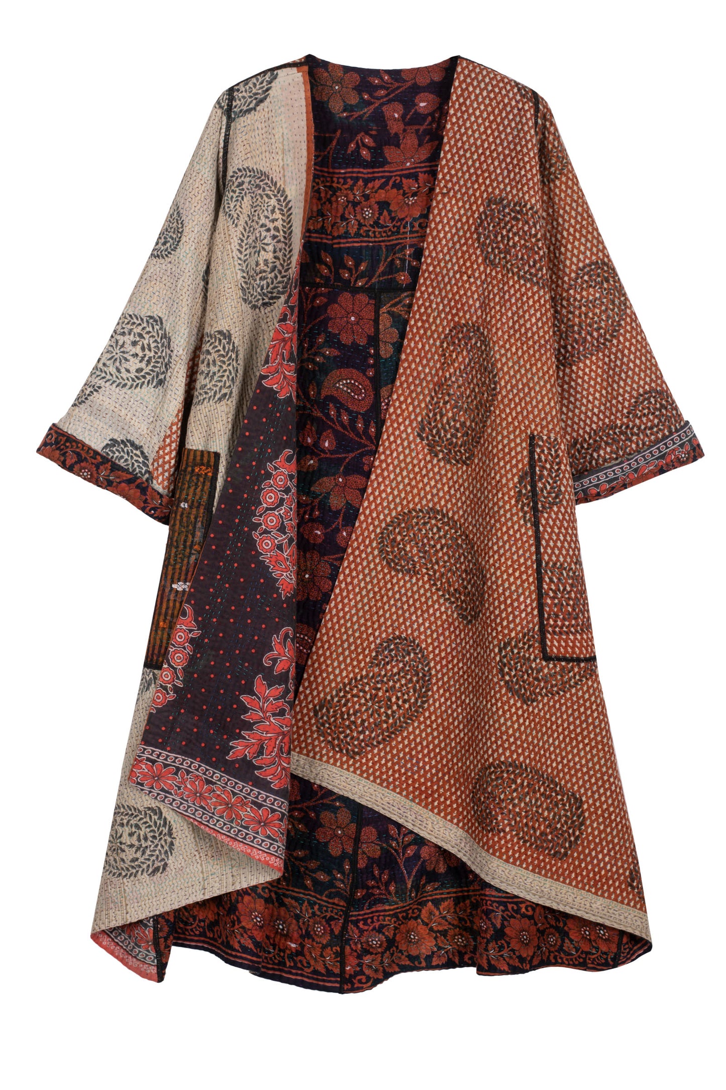 VINTAGE COTTON KANTHA WRAP FLARE COAT