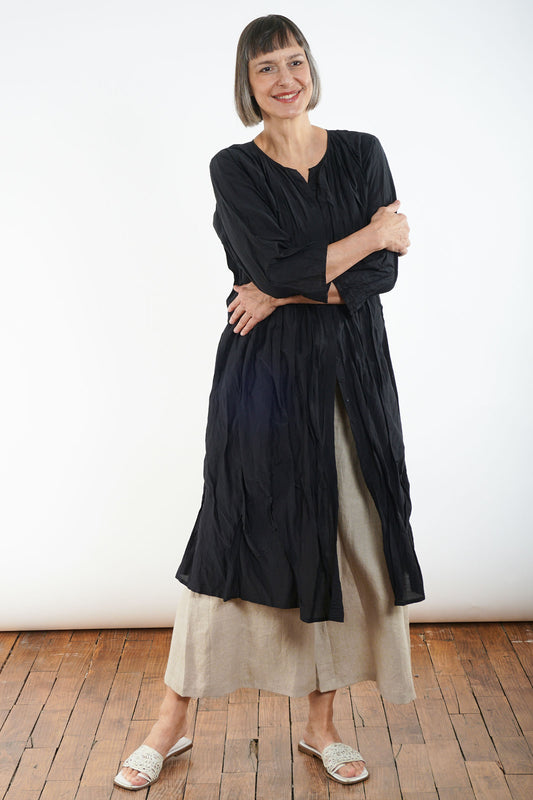 DYED COTTON SILK VOILE WAVY TUCK CROPPED SLV. DRESS