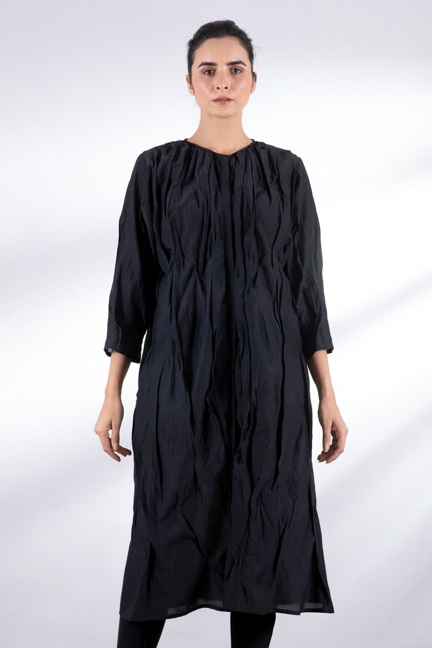 DYED COTTON SILK VOILE WAVY TUCK CROPPED SLV. DRESS