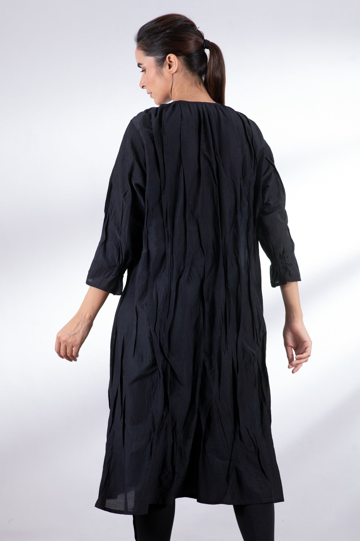 DYED COTTON SILK VOILE WAVY TUCK CROPPED SLV. DRESS