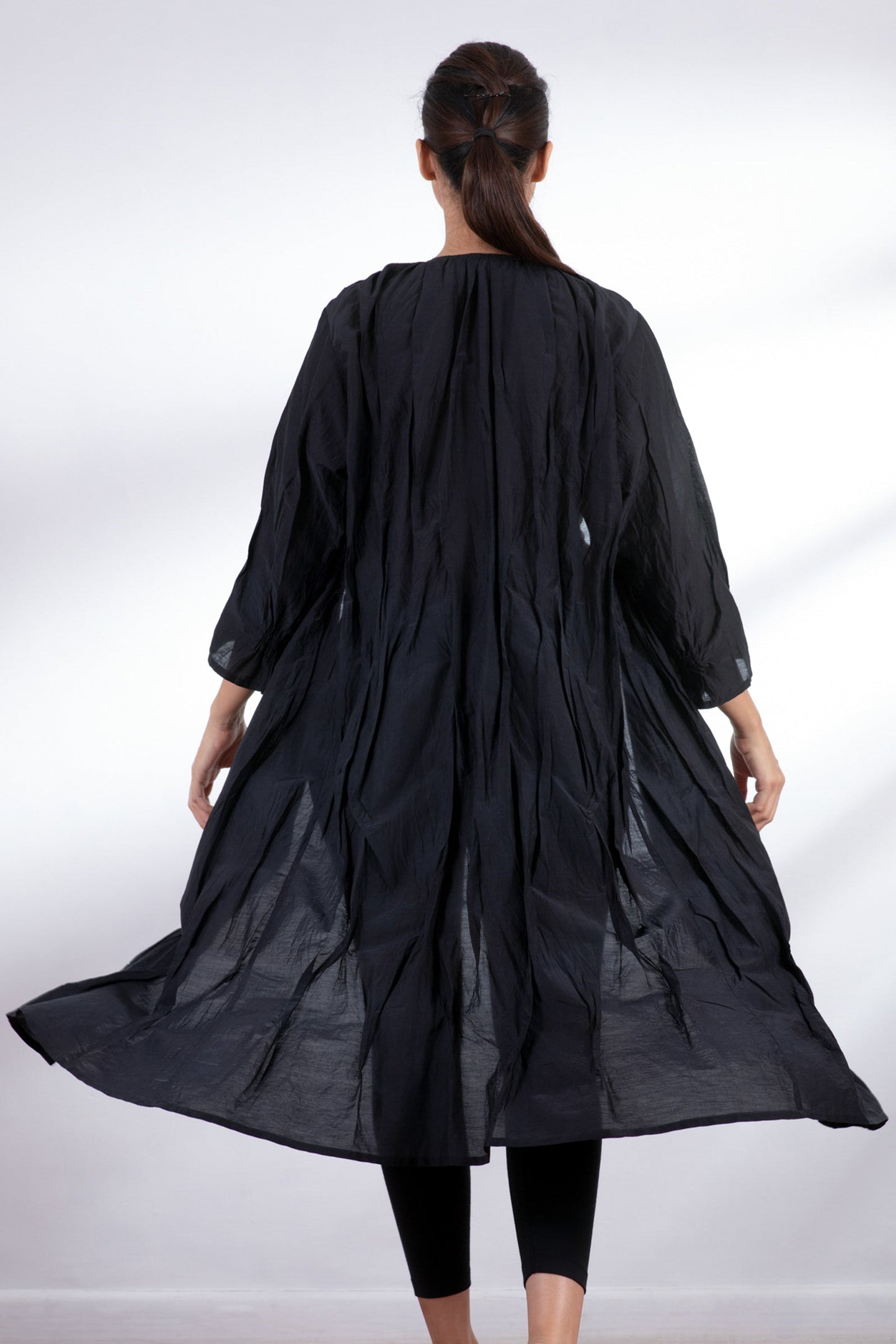 DYED COTTON SILK VOILE WAVY TUCK CROPPED SLV. DRESS