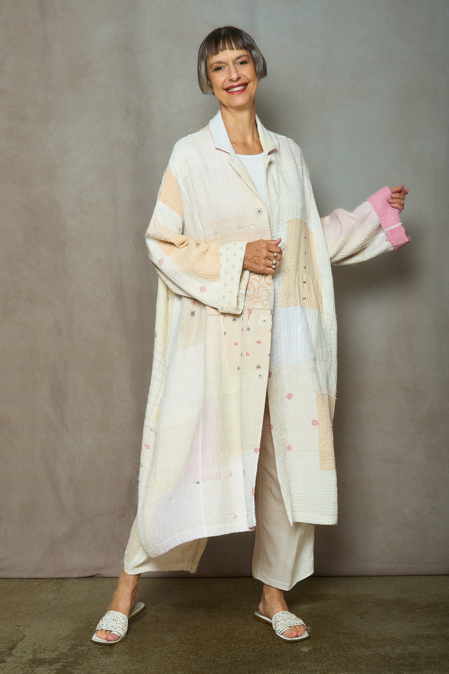 FRAYED PATCH MIX KANTHA NEW OVERSIZED COAT - fm4342-ivy -