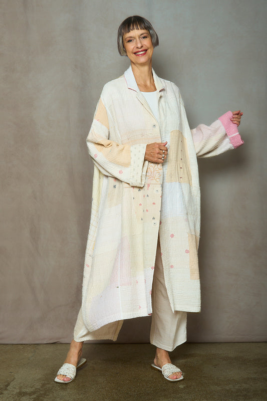 FRAYED PATCH MIX KANTHA NEW OVERSIZED COAT - fm4342-ivy -