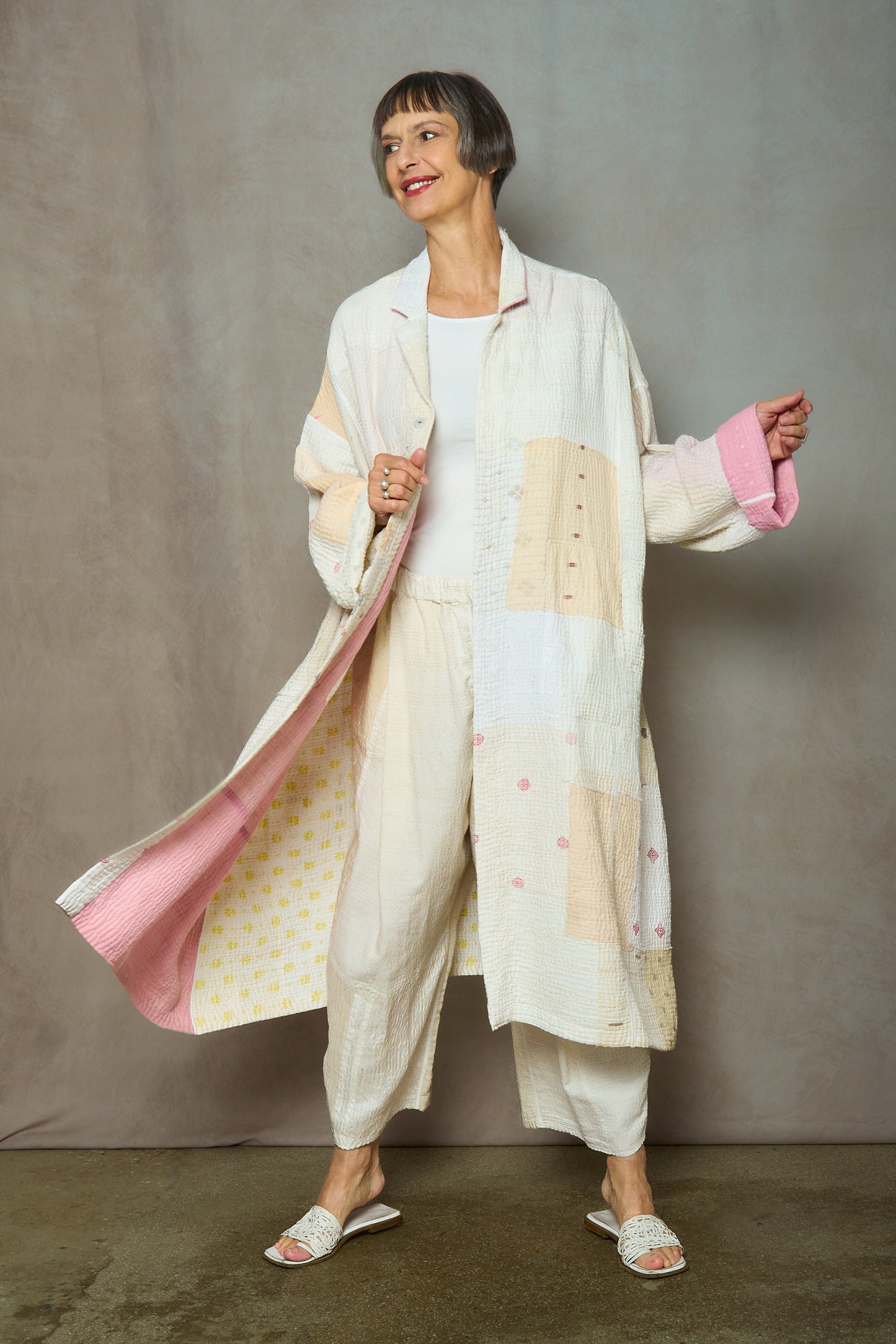 FRAYED PATCH MIX KANTHA NEW OVERSIZED COAT - fm4342-ivy -