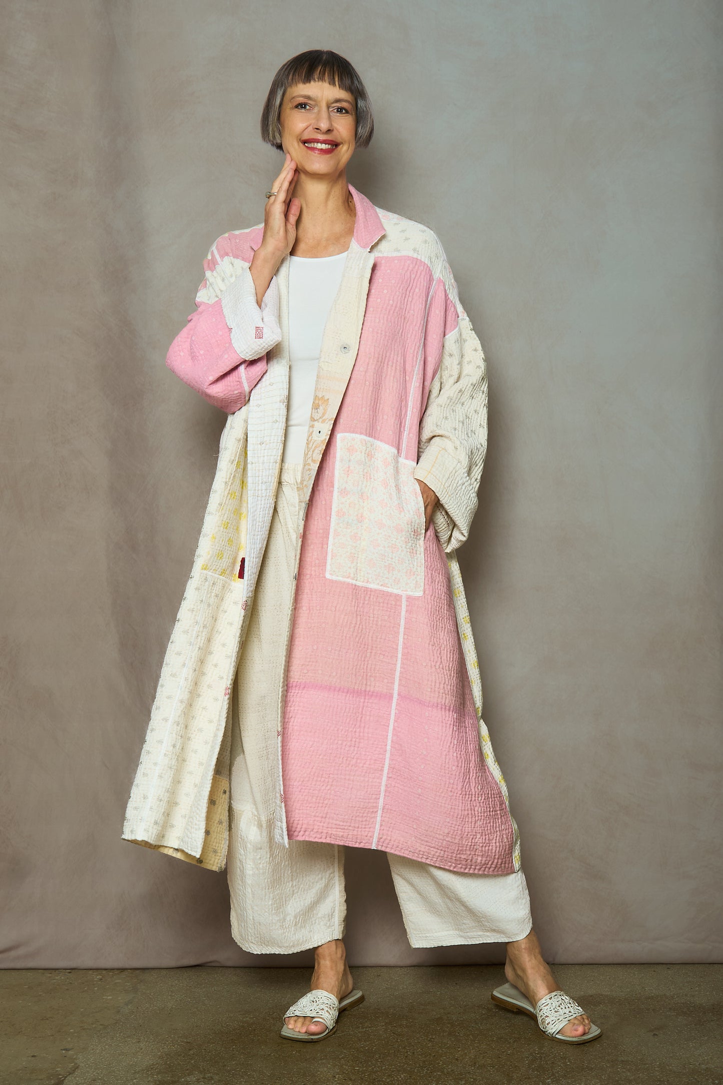FRAYED PATCH MIX KANTHA NEW OVERSIZED COAT - fm4342-ivy -