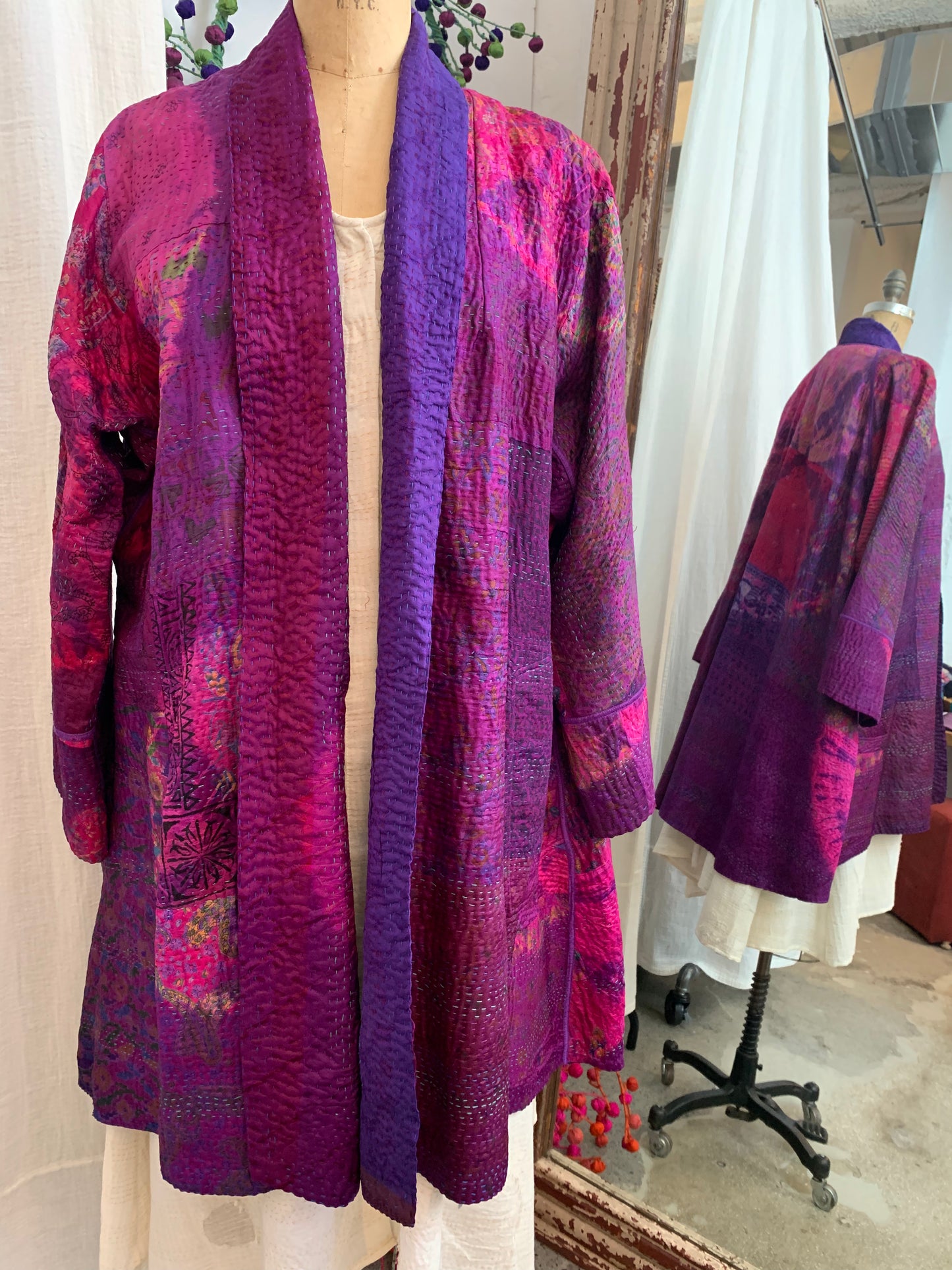 TIE DYE CIRCLE SHIBORI KANTHA KIMONO LONG JACKET - td4005-prp -
