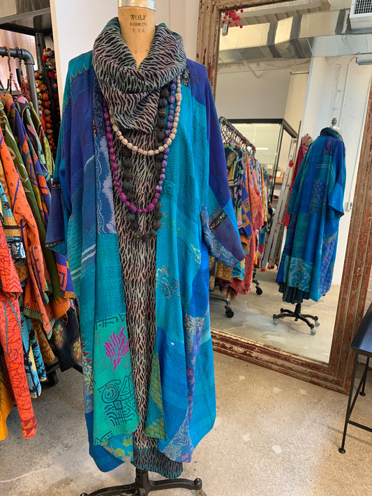 GEORGETTE VINTAGE SILK PATCH KANTHA KIMONO MAXI - gs2318-tuq -