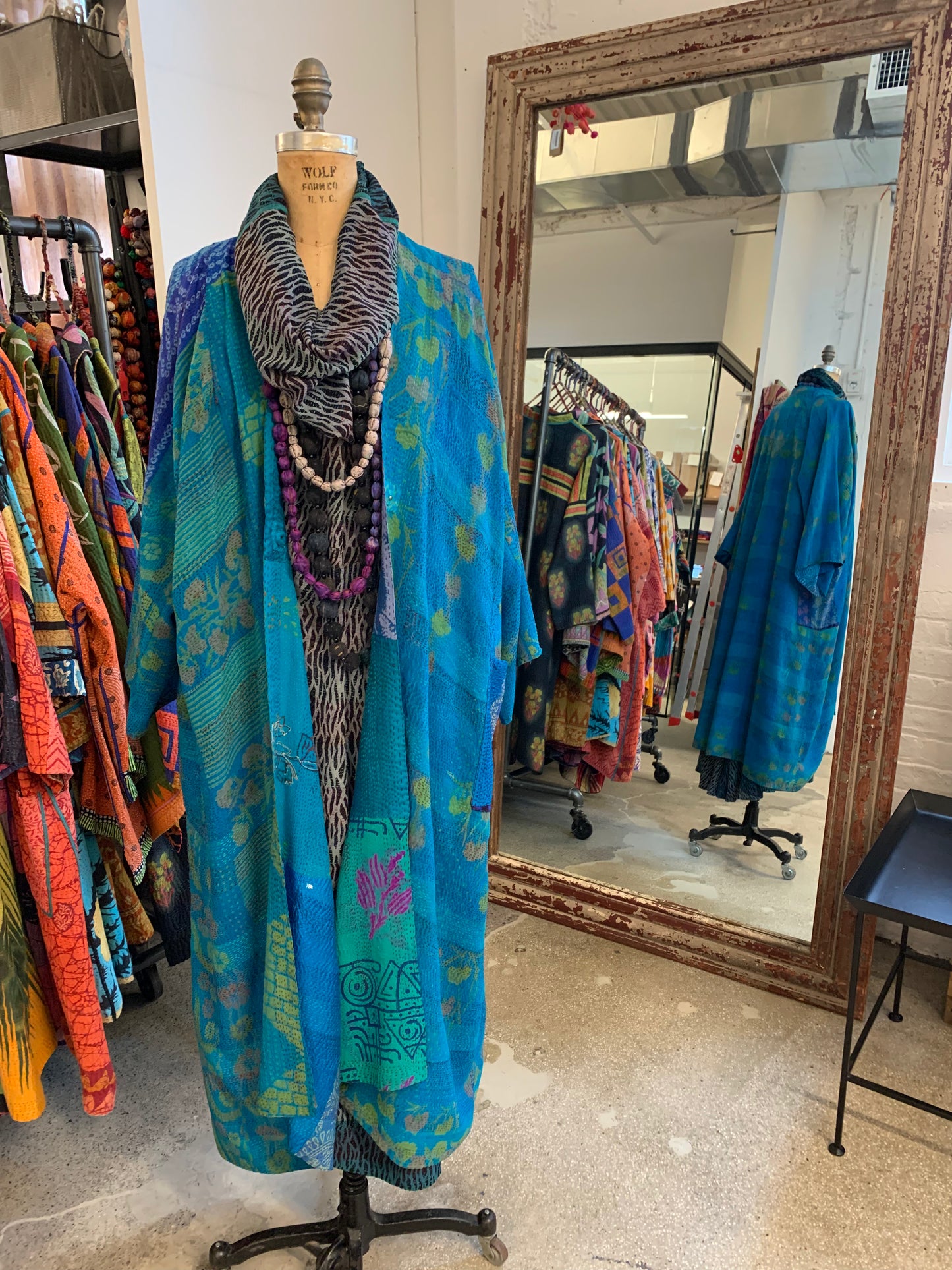 GEORGETTE VINTAGE SILK PATCH KANTHA KIMONO MAXI - gs2318-tuq -