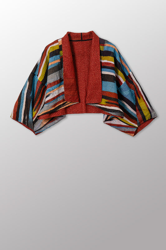 IKAT STRIPE KANTHA PUFF SLV. SHRUG - is4062-red -