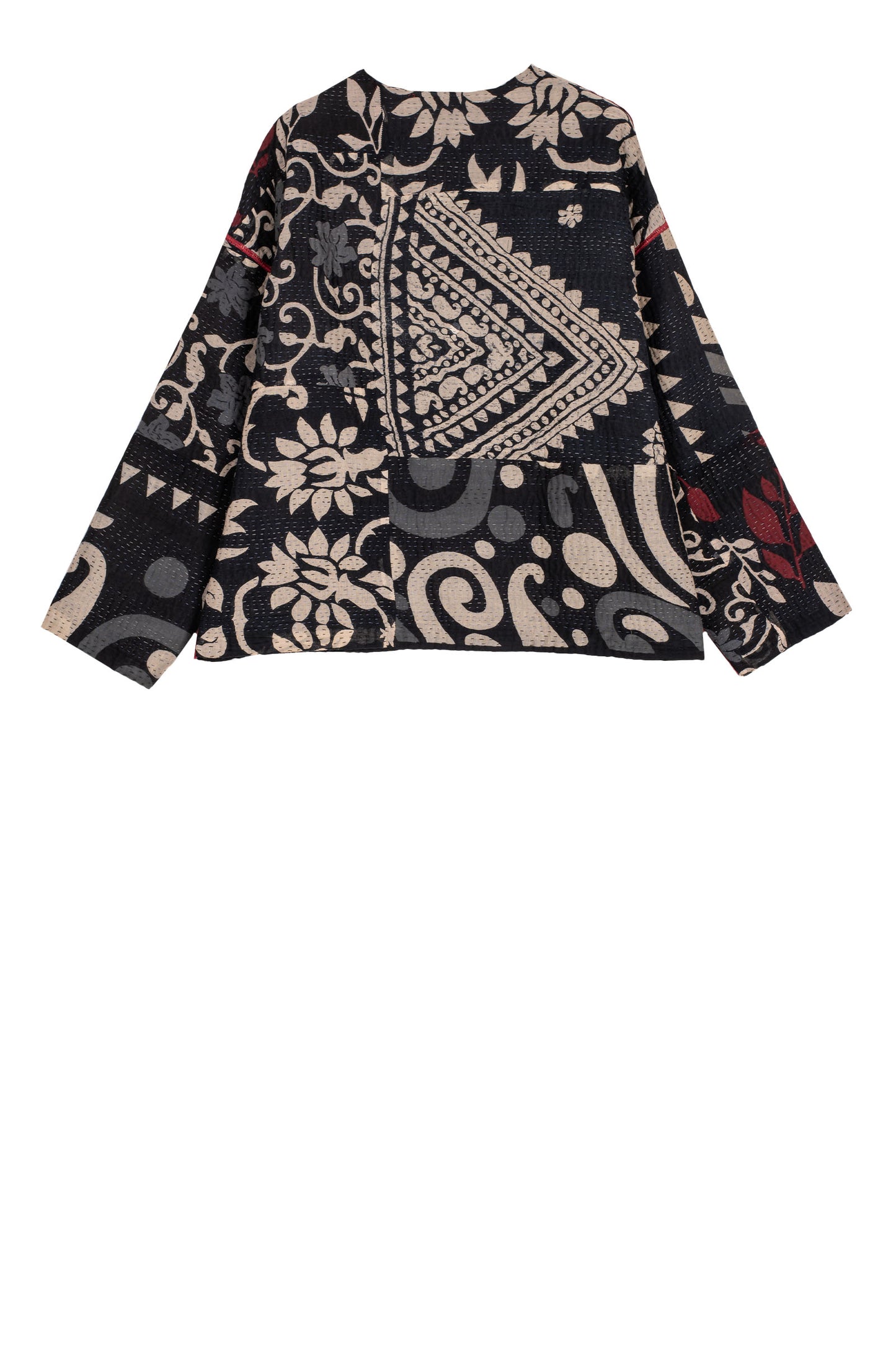 BLACK AND WHITE PRINT PATCH KANTHA CREW NECK SHORT JACKET - pn4053-blk -