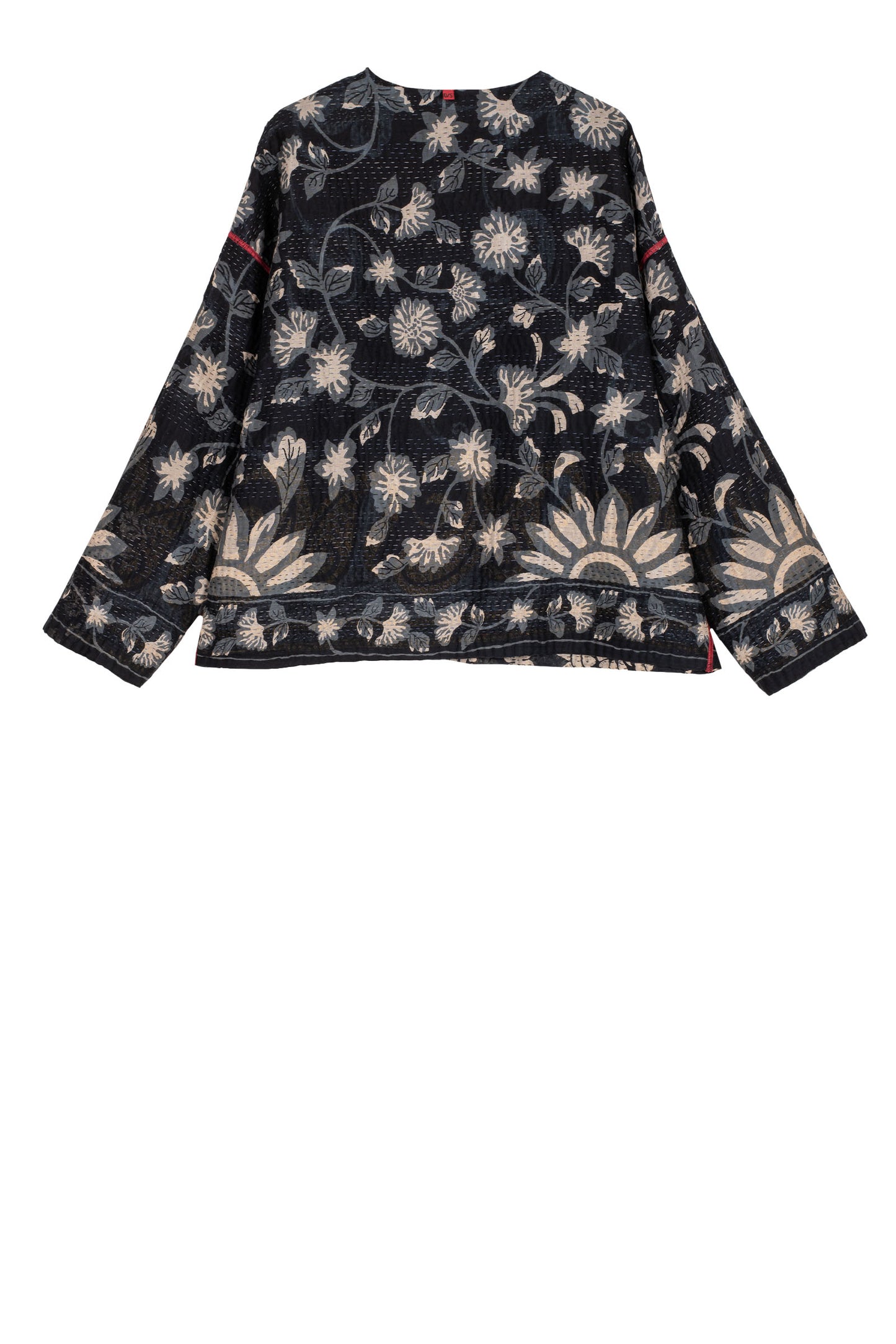 BLACK AND WHITE PRINT PATCH KANTHA CREW NECK SHORT JACKET - pn4053-blk -