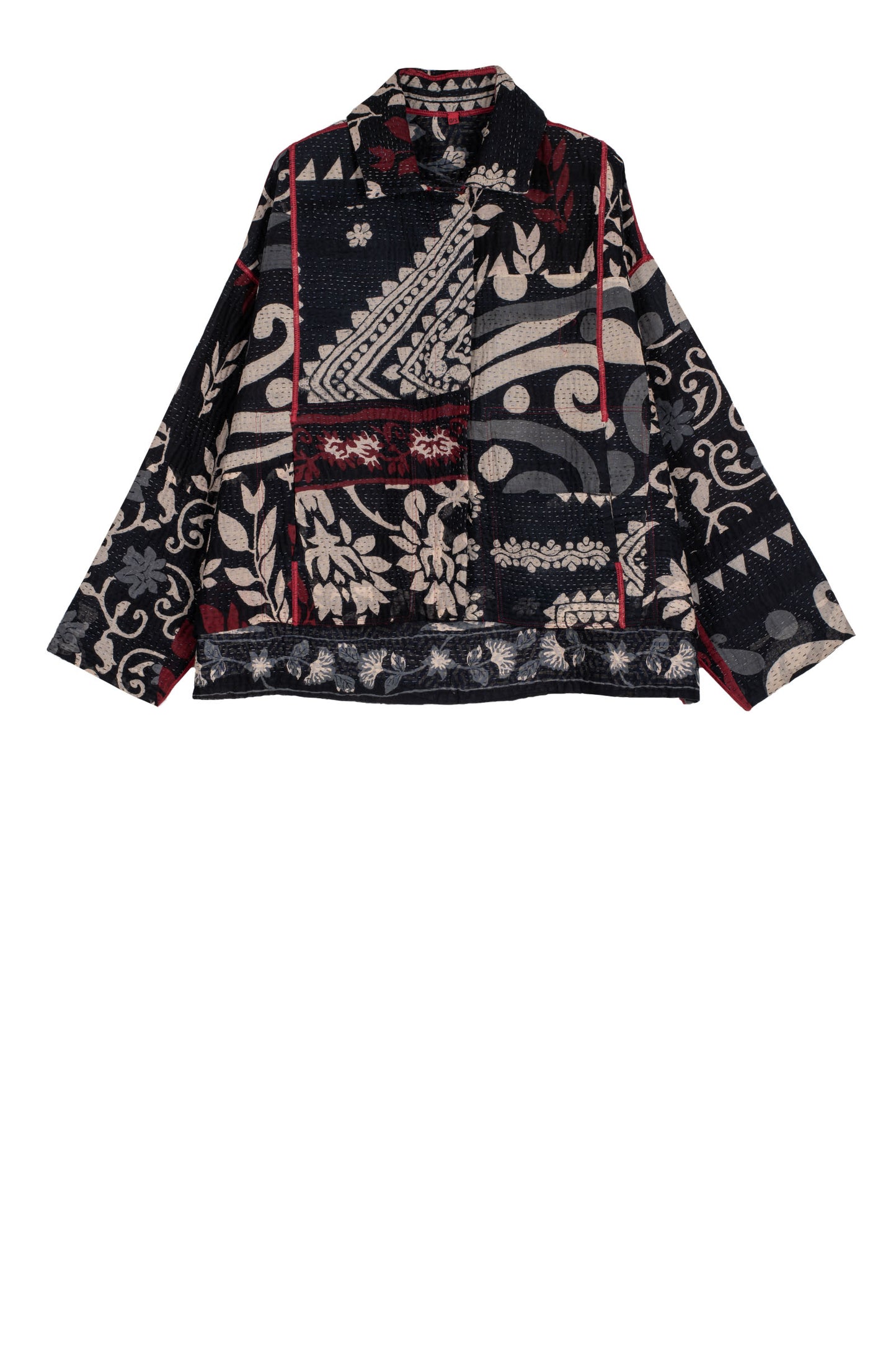 BLACK AND WHITE PRINT PATCH KANTHA CROPPED SHIRT JACKET - pn4075-blk -