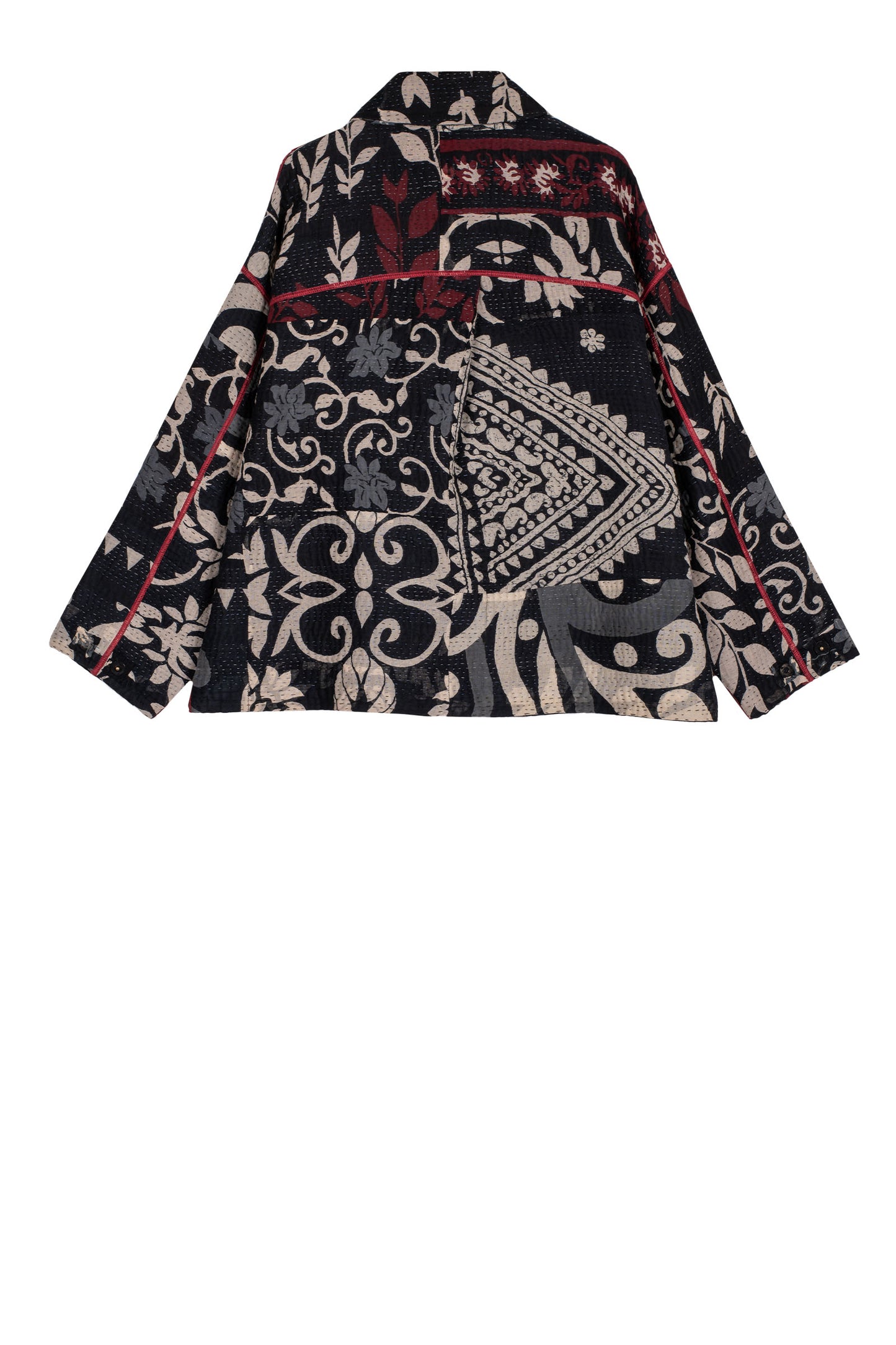 BLACK AND WHITE PRINT PATCH KANTHA CROPPED SHIRT JACKET - pn4075-blk -