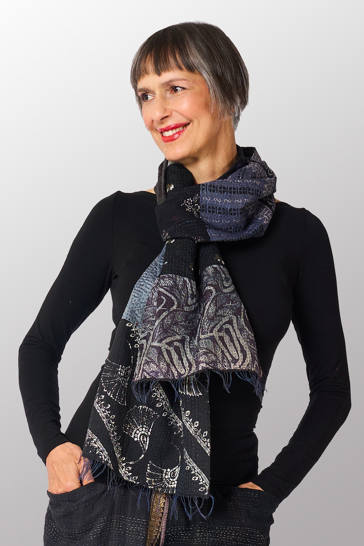 VINTAGE SILK COTTON KANTHA SCARF SMALL - sc2800-blk -