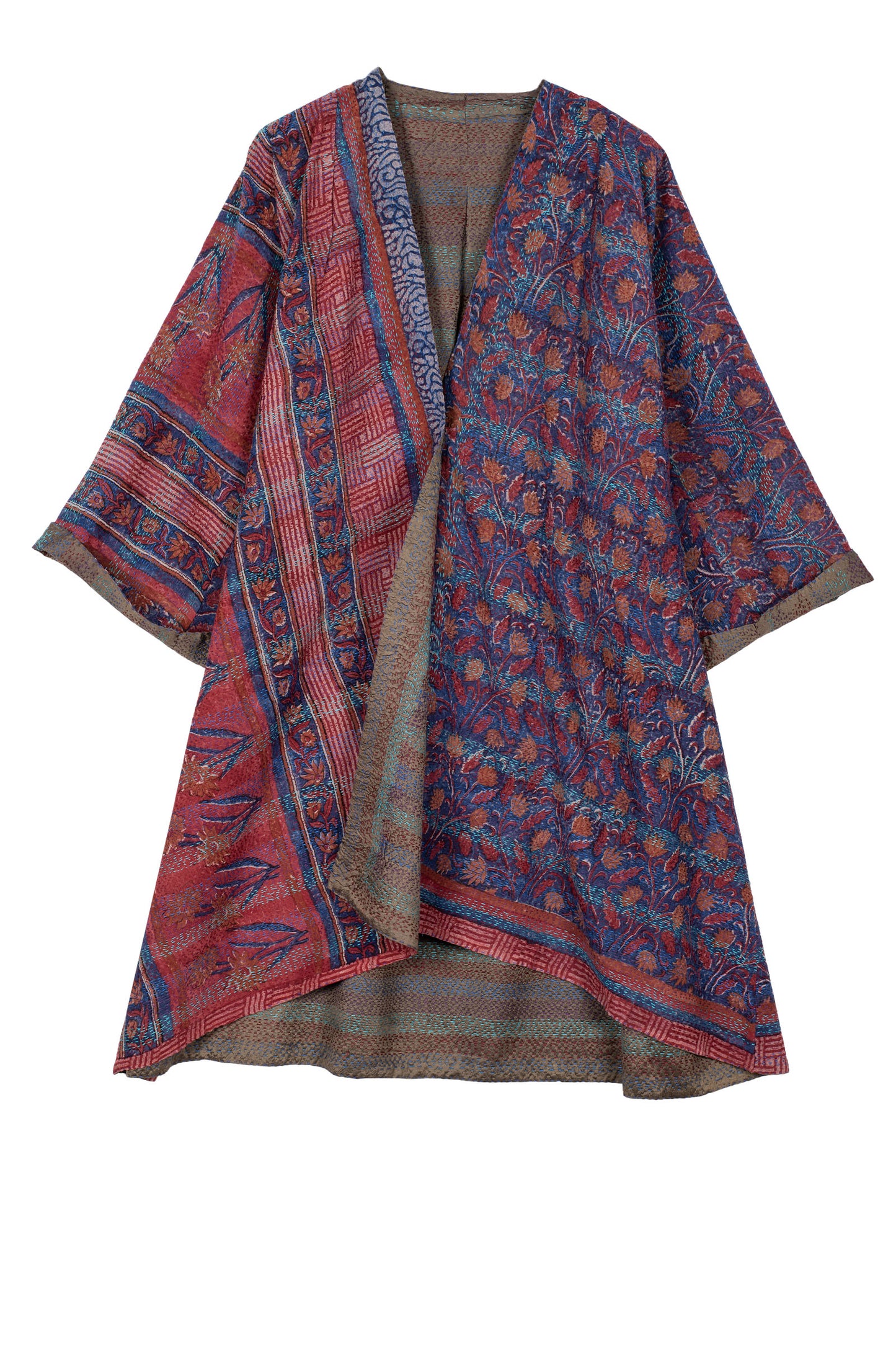 VINTAGE SILK GEORGETTE KANTHA KIMONO DUSTER