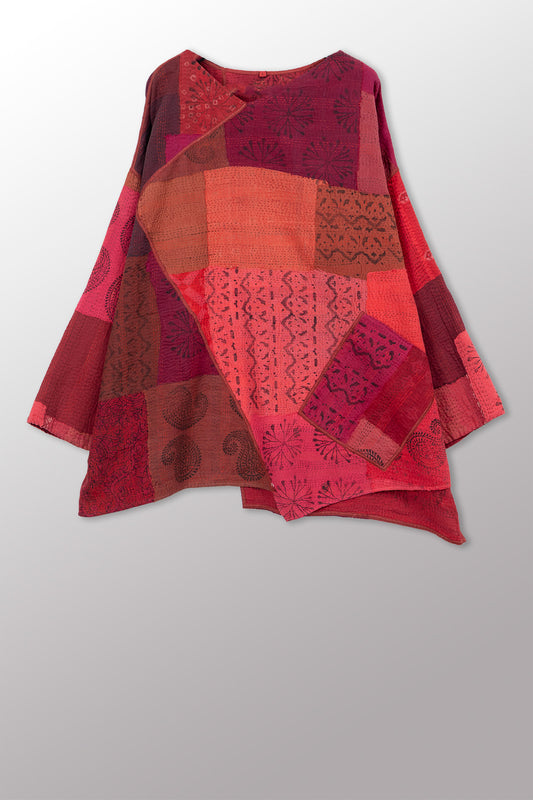 LANDSCAPE FRAYED PATCH KANTHA WITH STAMP OVERSIZED TUNIC - sp-lf2510-red -