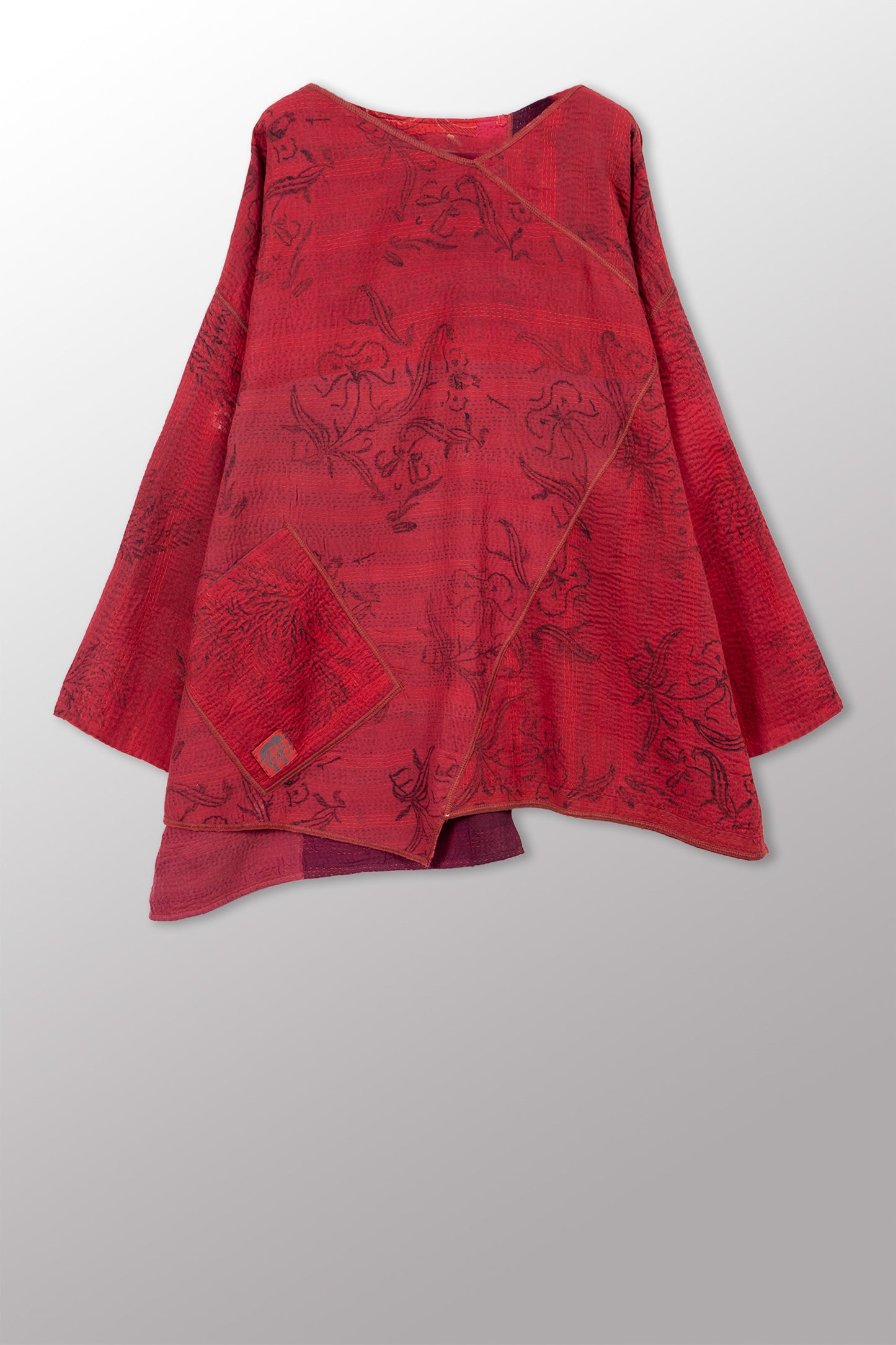 LANDSCAPE FRAYED PATCH KANTHA WITH STAMP OVERSIZED TUNIC - sp-lf2510-red -