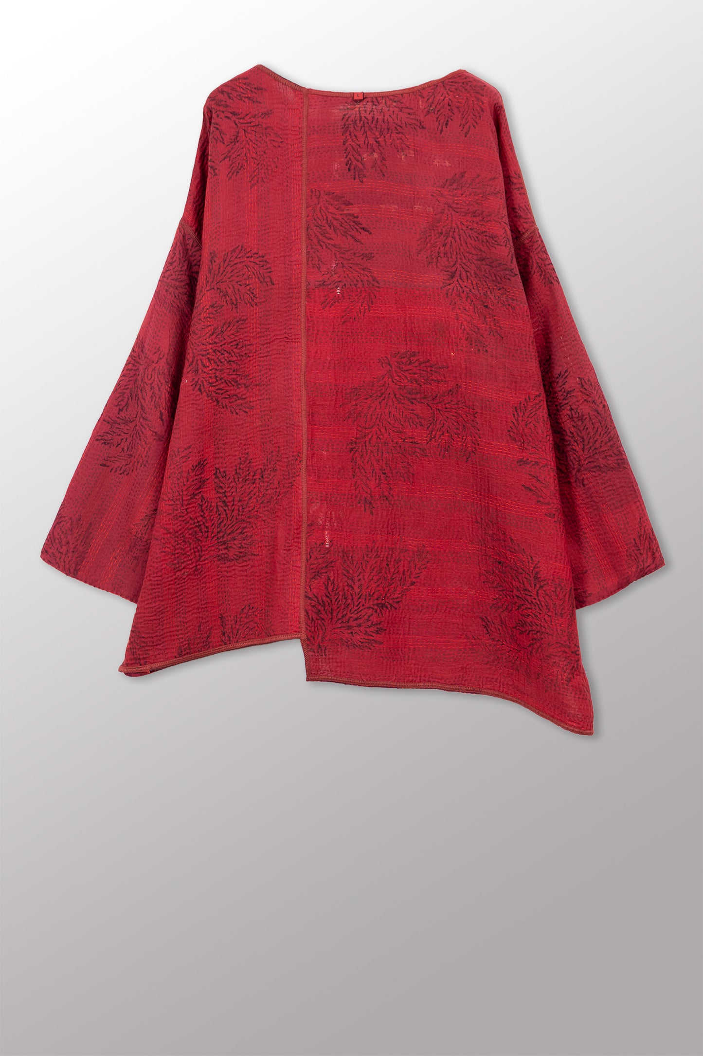 LANDSCAPE FRAYED PATCH KANTHA WITH STAMP OVERSIZED TUNIC - sp-lf2510-red -