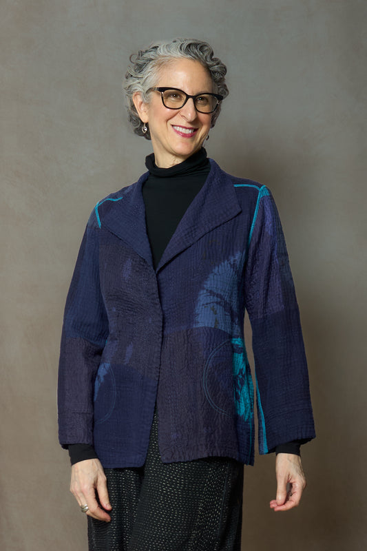 CIRCLE SHIBORI TIE DYE WOVEN PATCH KANTH SHORT JACKET - tc4007-blu -