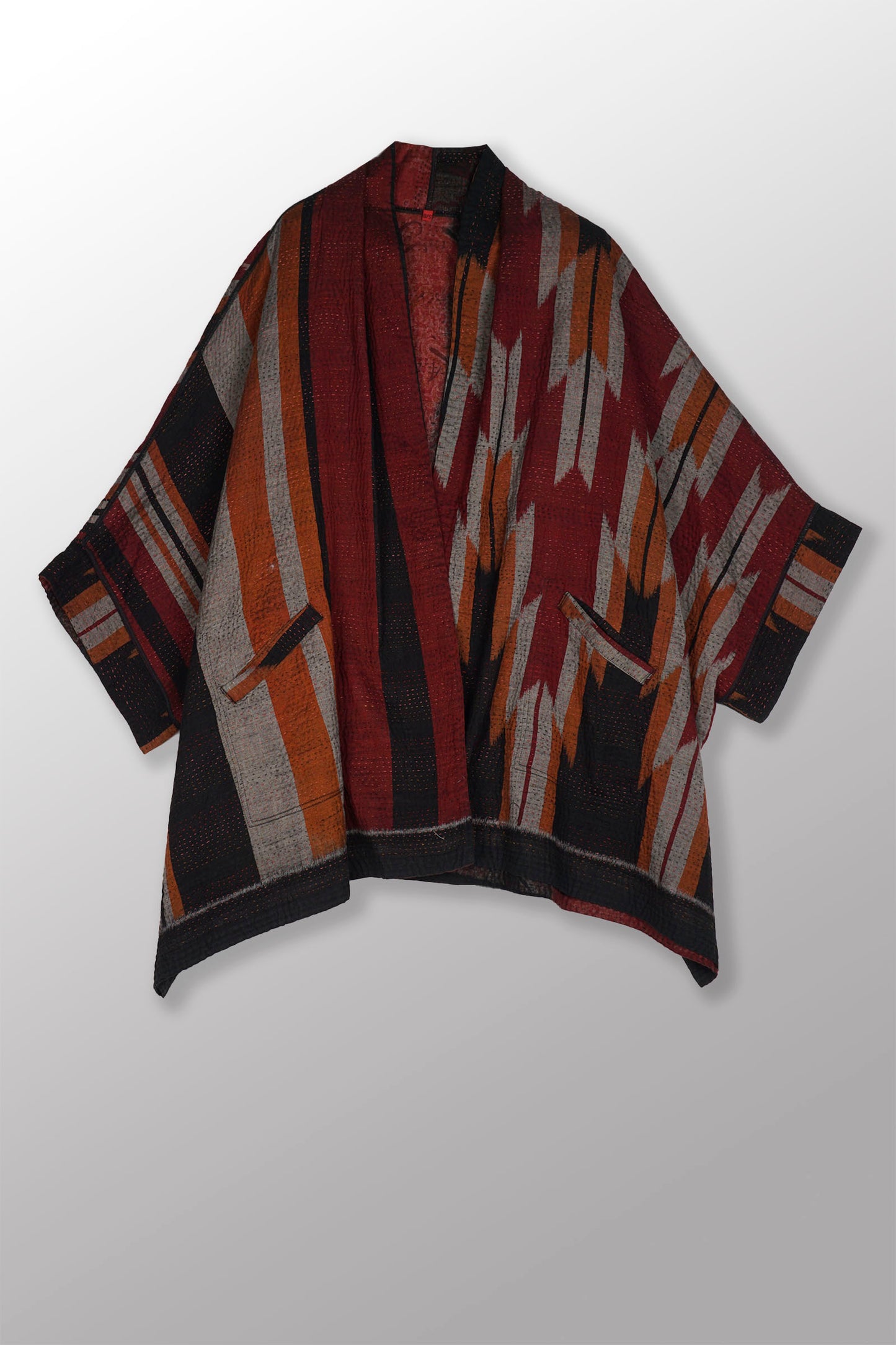 WOVEN HANDLOOM IKAT WITH OMBRE KANTHA DOUBLE COLLAR PONCHO - wh4323-red -