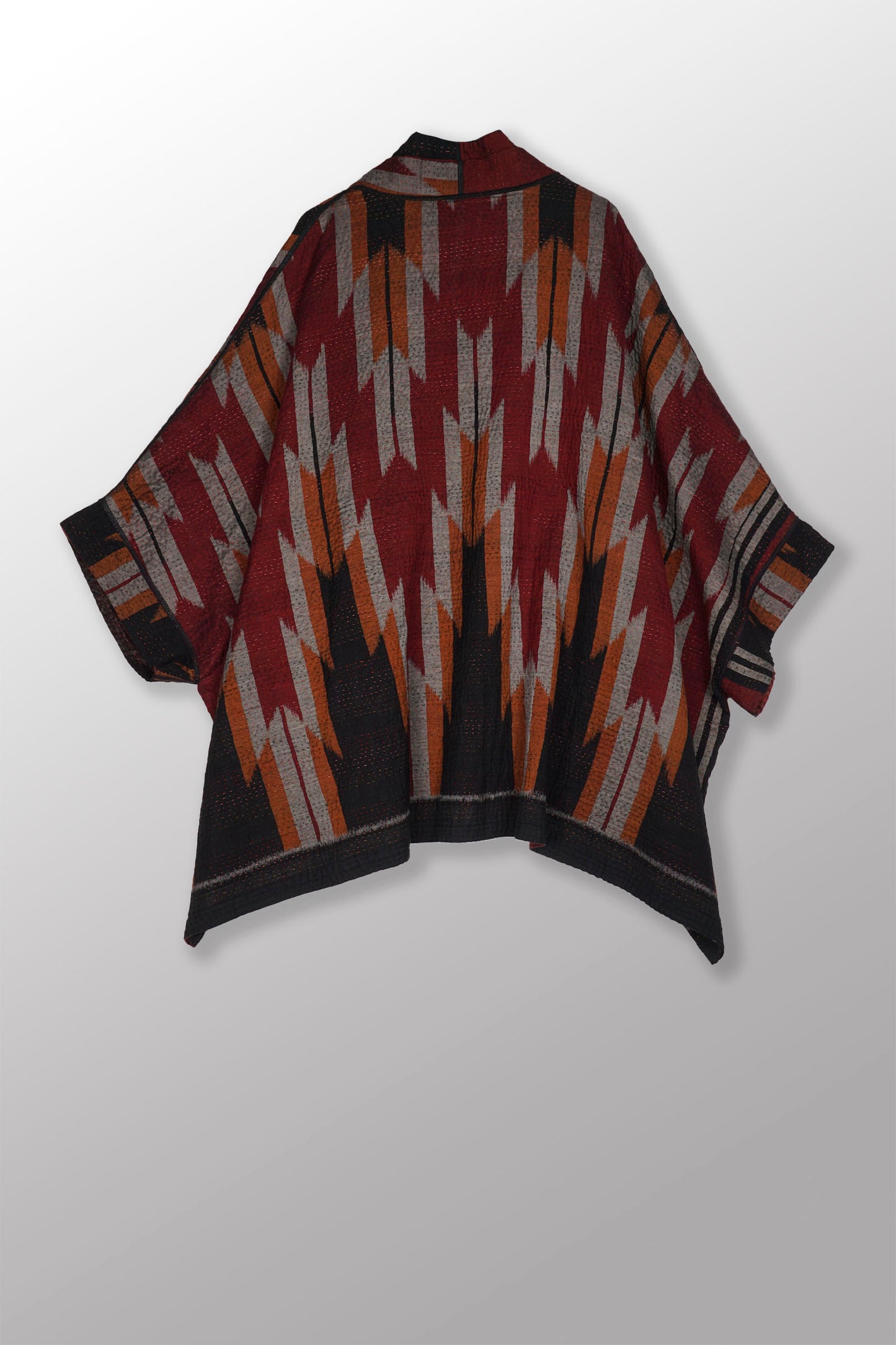 WOVEN HANDLOOM IKAT WITH OMBRE KANTHA DOUBLE COLLAR PONCHO - wh4323-red -