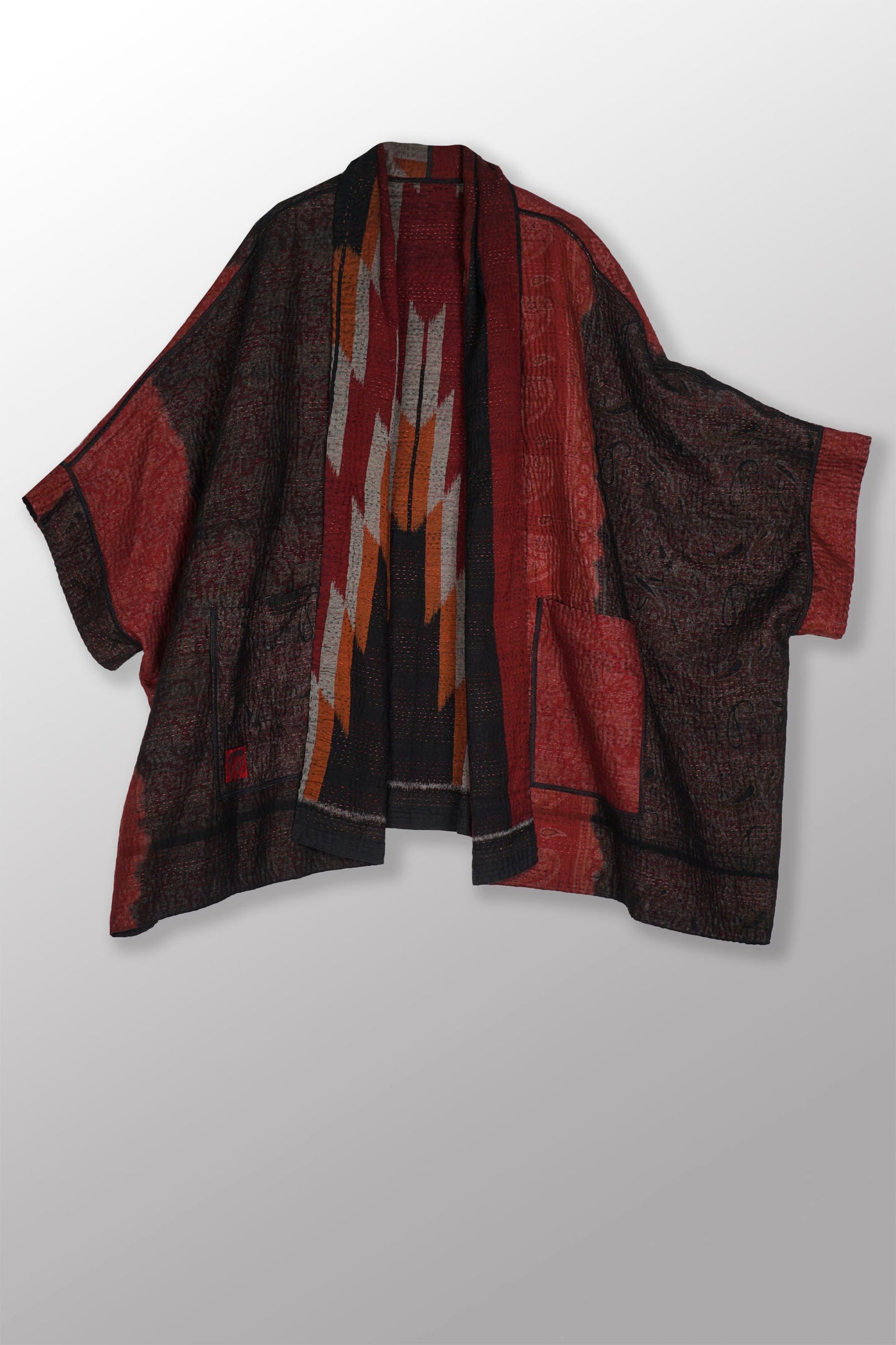 WOVEN HANDLOOM IKAT WITH OMBRE KANTHA DOUBLE COLLAR PONCHO - wh4323-red -