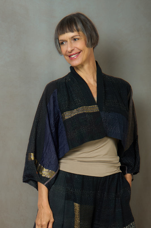 COTTON SILK SW PATCH KANTHA PUFF SLV. SHRUG - ws2062-blk -