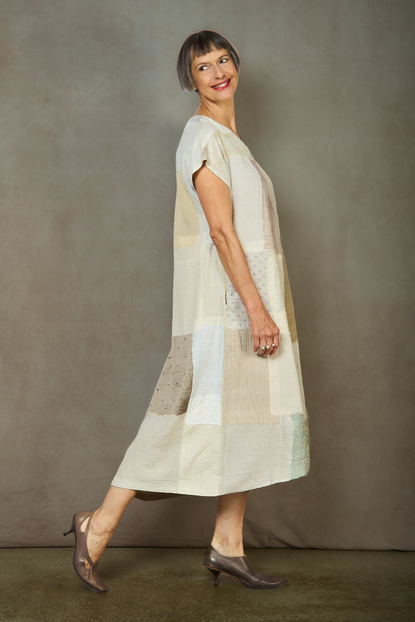 MOSAIC FRAY PATCH KANTHA V-NECK FRENCH SLV. DRESS - zb2467-ivy -