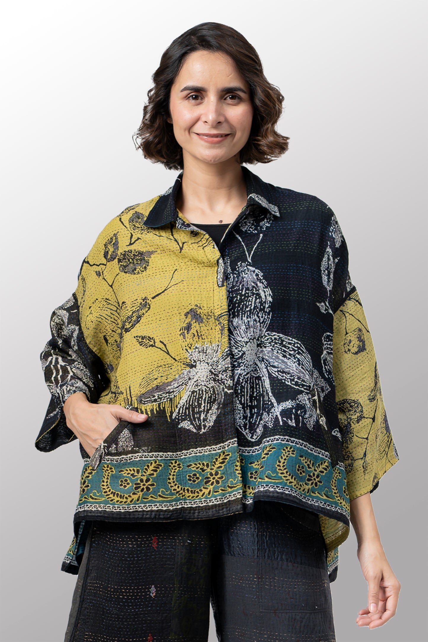 ORGANIC LEAVES KANTHA CROPPED TENT SHIRT - ol2596-blk -