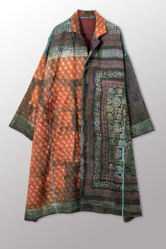 VINTAGE PRINTED SILK CLAMP DYE WITH JACQUARD KANTHA NEW OVERSIZED COAT - sk4342-0002a -