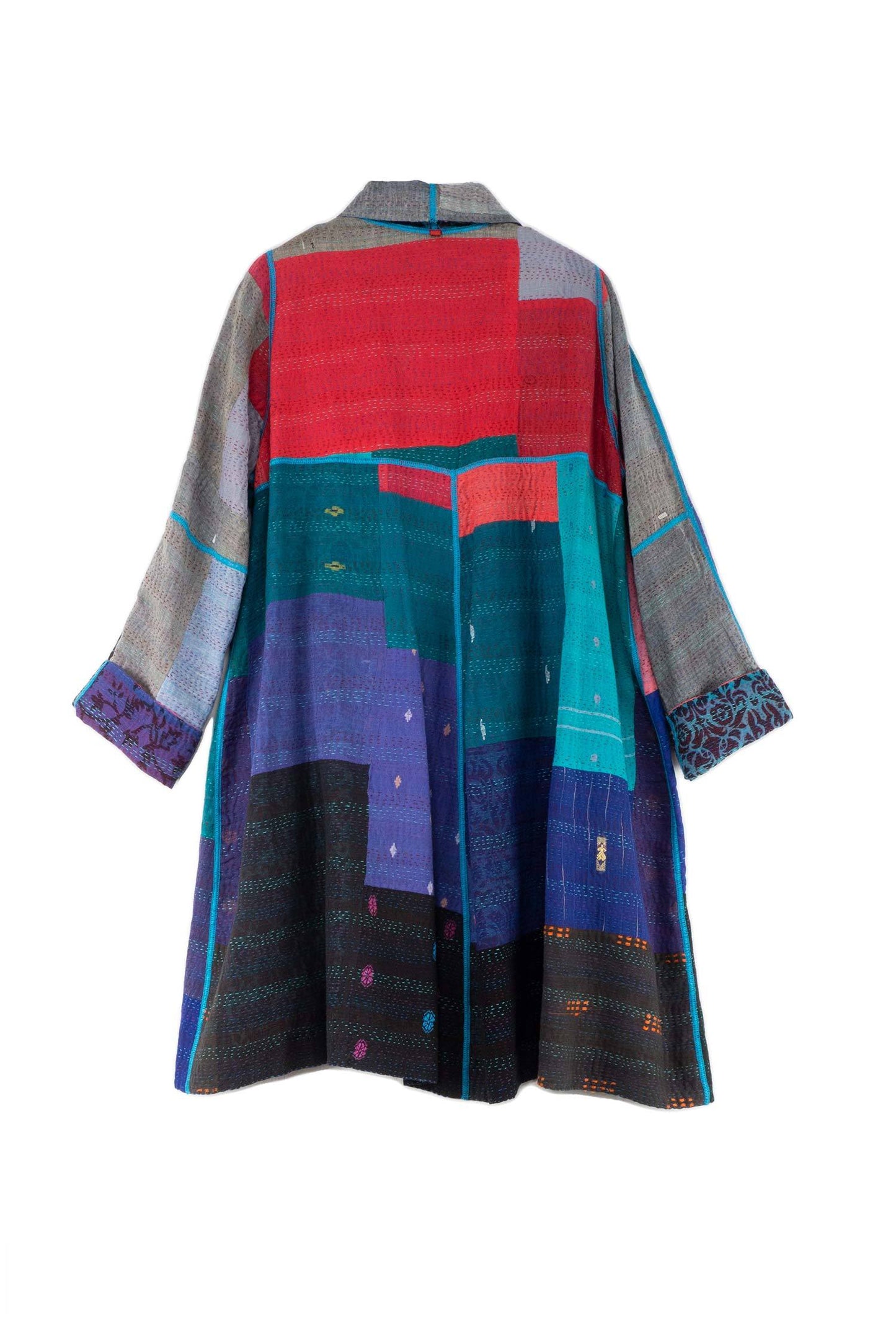 BAGH PRINT KANTHA A-LINE DUSTER - bg2311-blu -