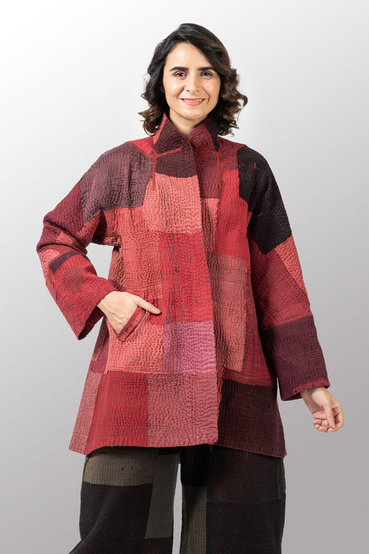 TWO TONE PATCH KANTHA FLARE LONG JACKET - tn4021-org -