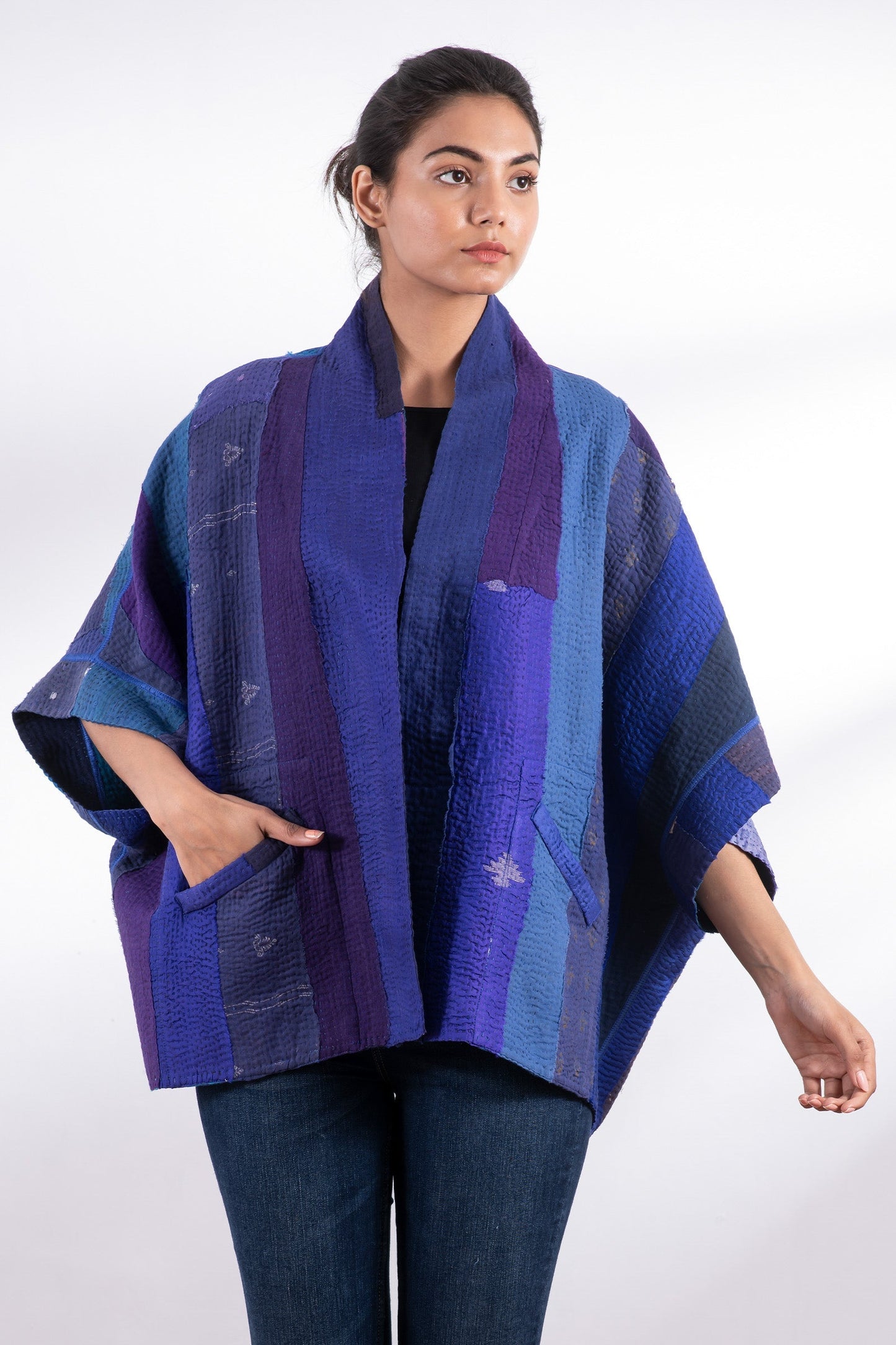 STRIPE AND CHECK COTTON SILK PATCH KANTHA MINI PONCHO - ss4060-blu -