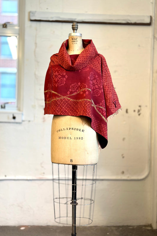 KIMONO PRINT KANTHA COWL NECK CAPE - kp2807-red -