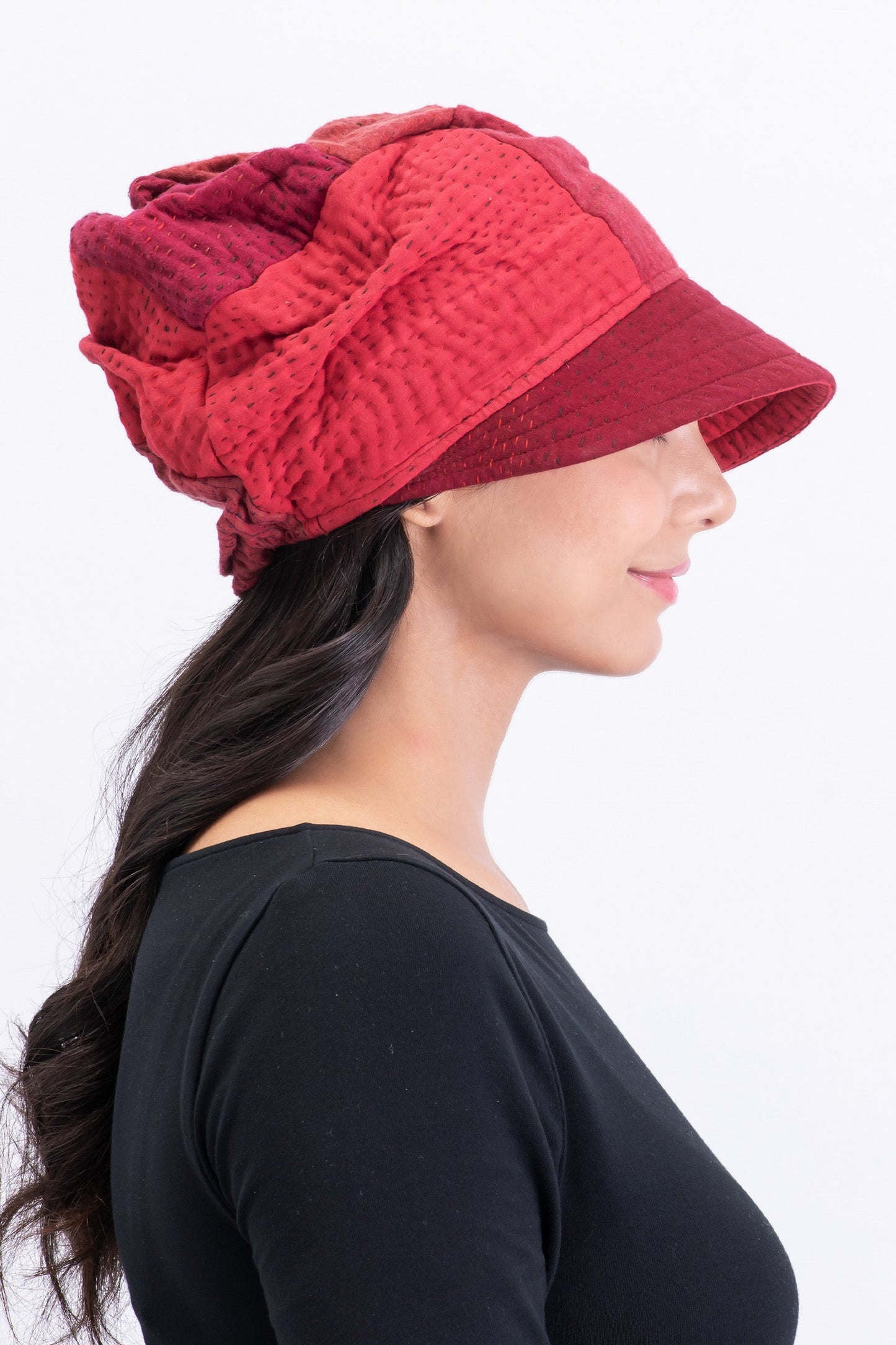 STRIPE AND CHECK COTTON SILK PATCH KANTHA HALF BRIM HAT - ss4881-red -