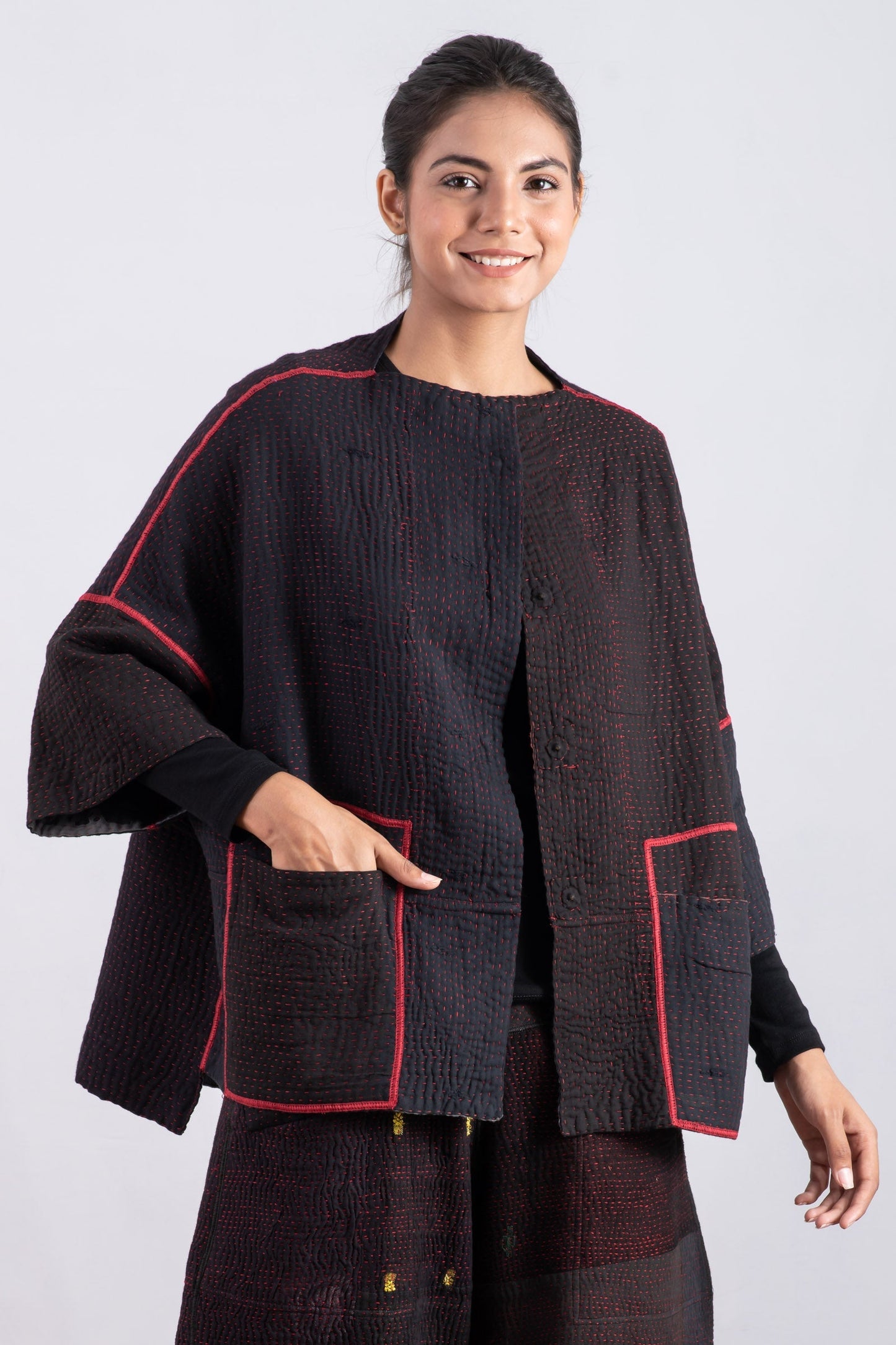 MONOTONE TWILIGHT PRINT KANTHA STRAIGHT NECK JKT - tp4058-red -