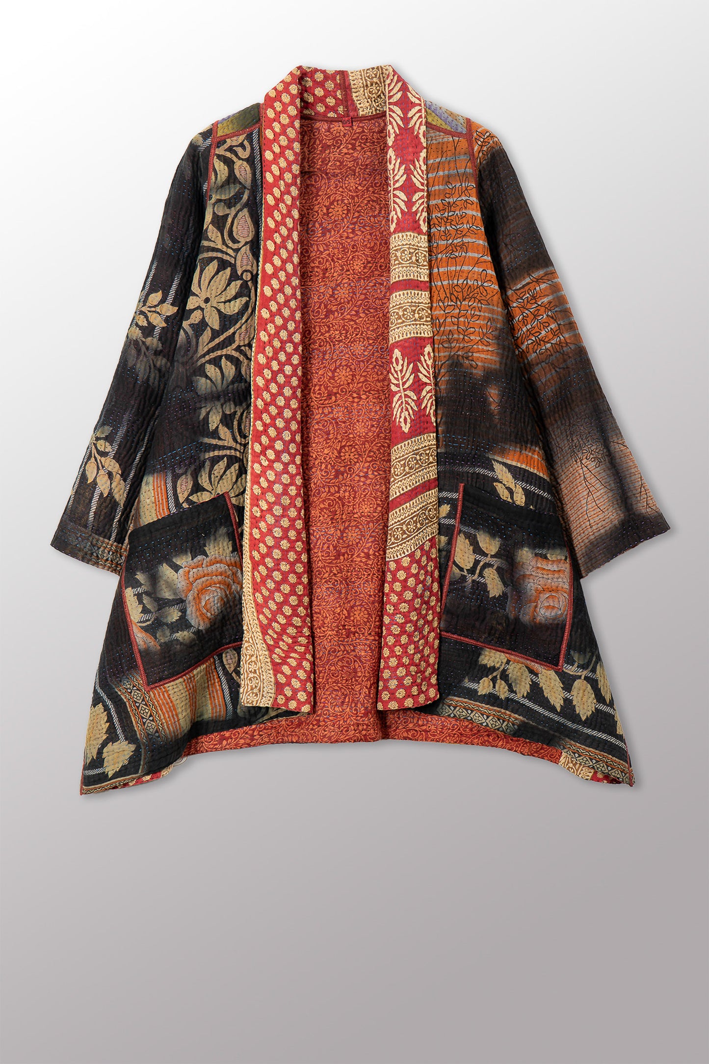 VINTAGE COTTON GREY CLAMP TIE DYE KANTHA A-LINE JACKET - su4003-0002a -