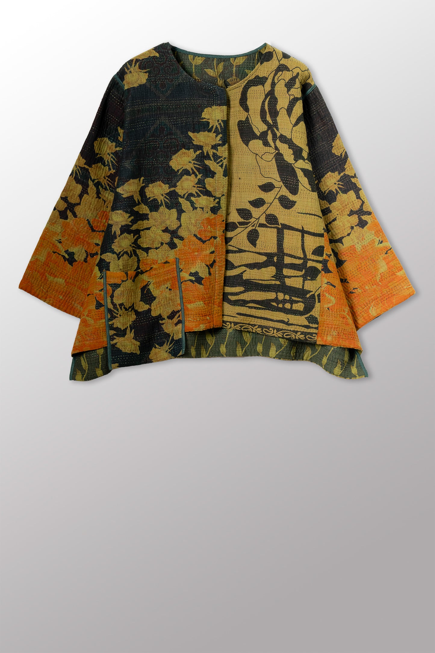 COTTON OVERDYE KANTHA A-LINE SHORT JACKET - ov4019-cgrn003a -