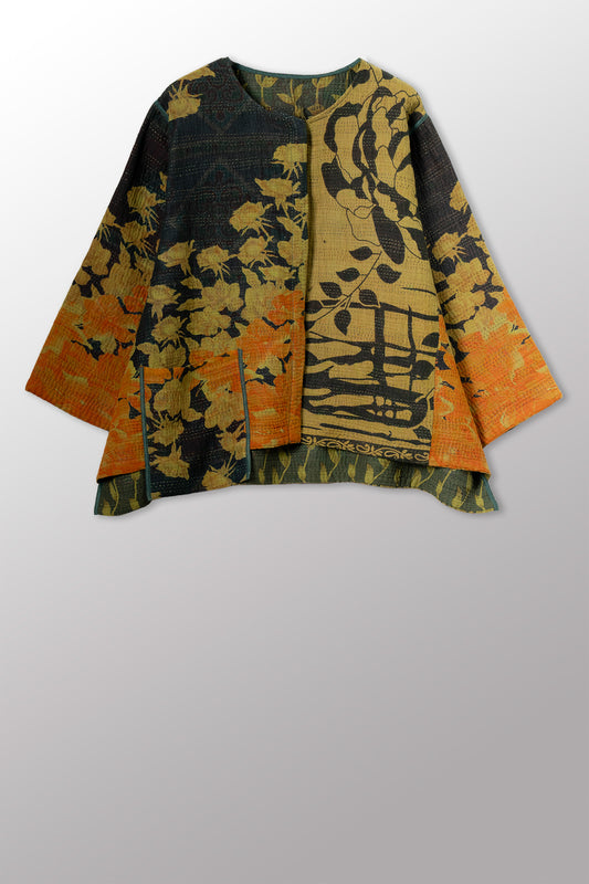COTTON OVERDYE KANTHA A-LINE SHORT JACKET - ov4019-cgrn003a -