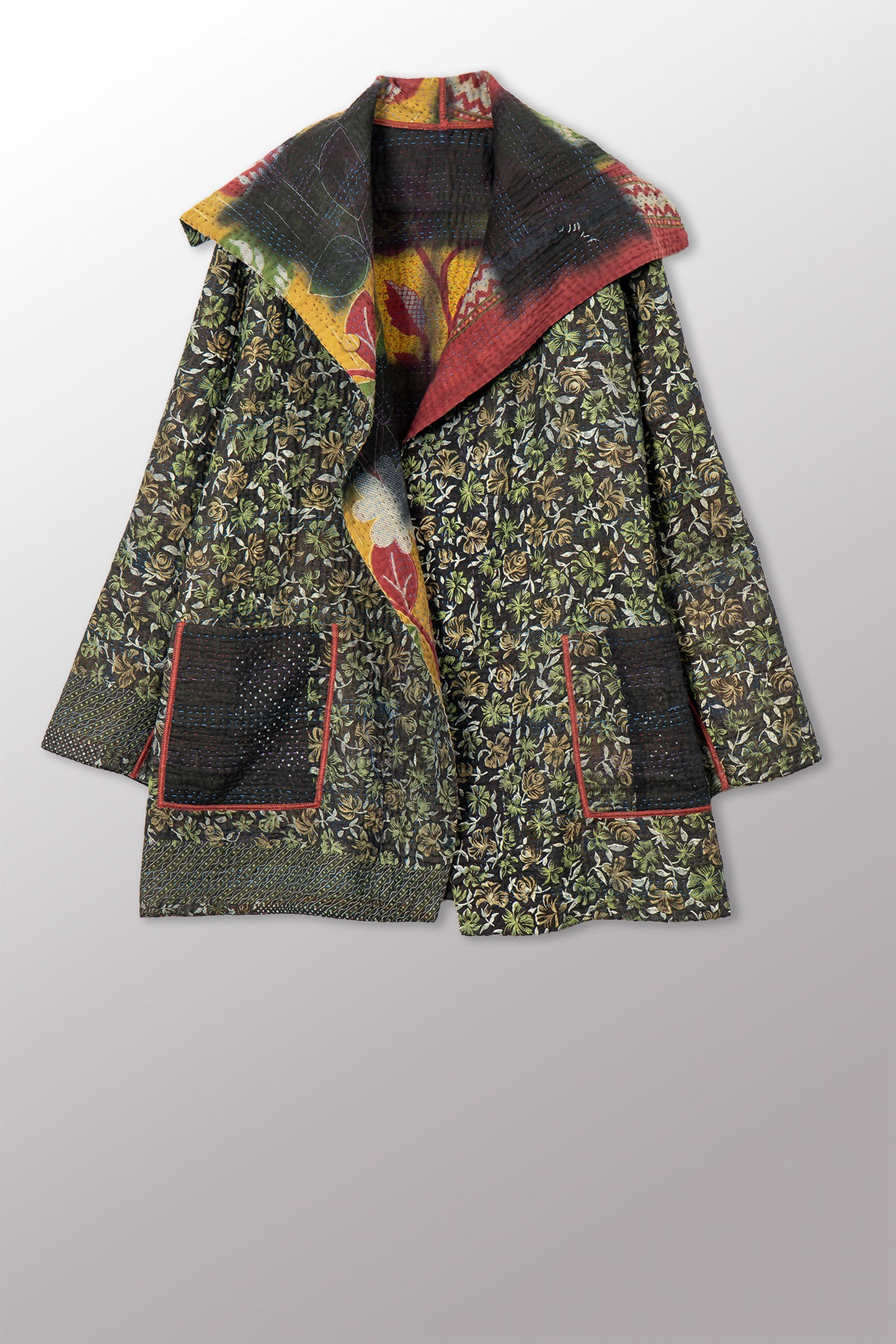 VINTAGE COTTON GREY CLAMP TIE DYE KANTHA POCKET JACKET - su4002-0001a -