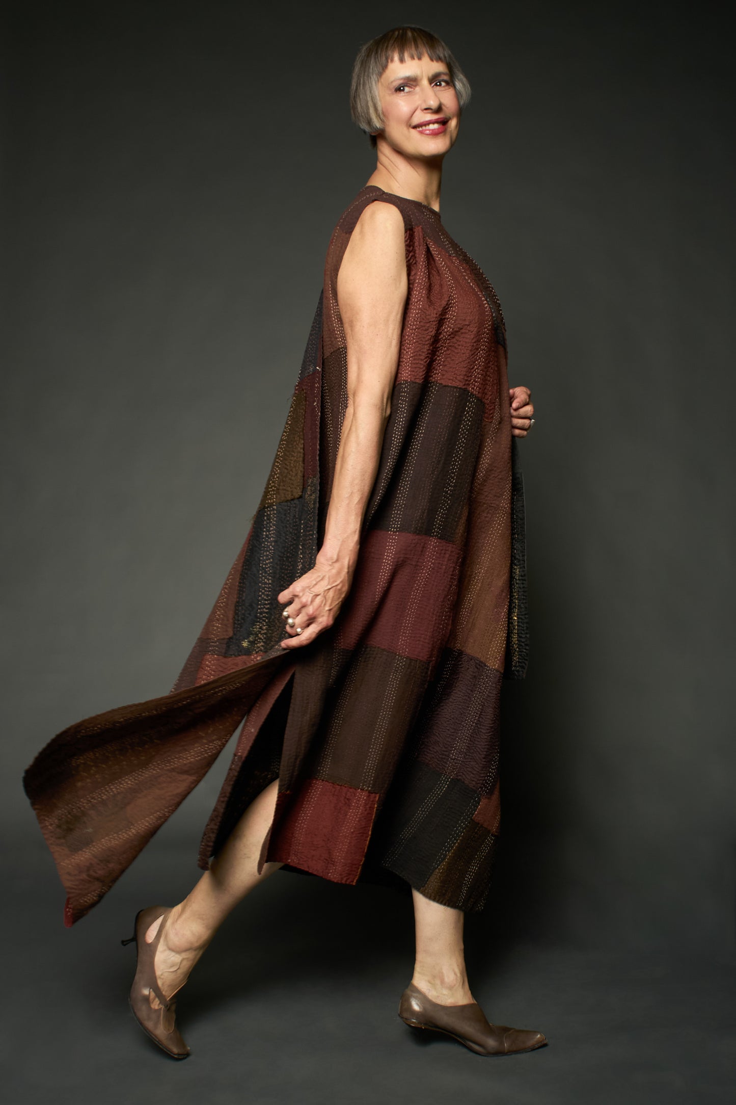HALF SILK PATCH KANTHA ASYMMETRIC TUBE DRESS - hs2472-brn -
