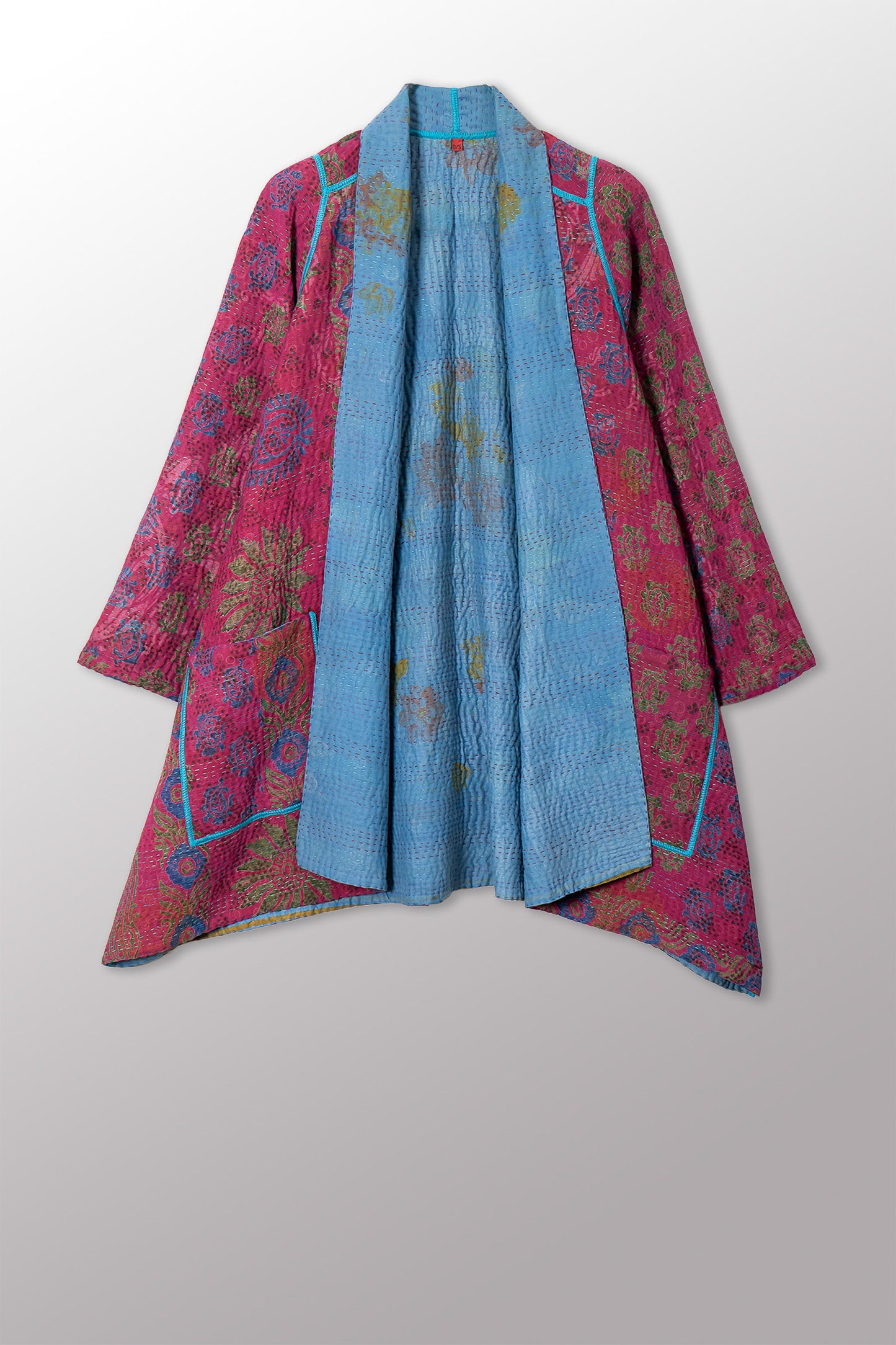 VINTAGE SILK GEORGETTE COTTON KANTHA A-LINE JACKET - gc4003-0006a -