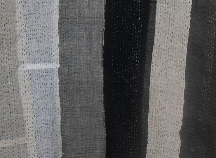 STRIPE AND CHECK COTTON SILK PATCH KANTHA COWL NECK PONCHO - ss4061-blk -