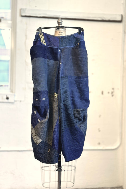 COTTON SILK SW PATCH KANTHA KNEE TUCKED PANTS - ws4625-gry -